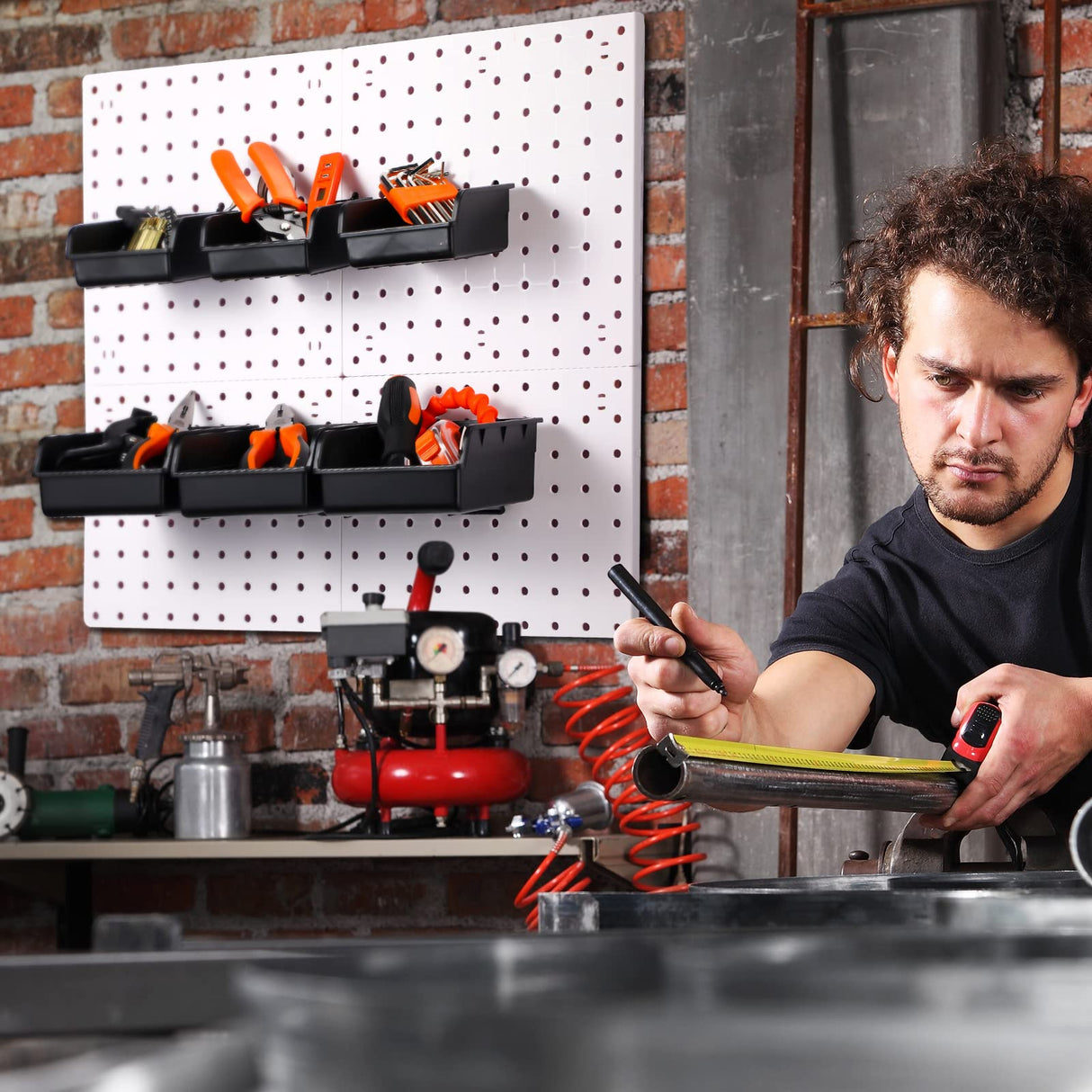 12 Pieces Pegboard Bins Kit 3.5'' 5.5'' Plastic Peg Board Storage Bins with Hooks Pegboard Accessories Workbench Bins Fits Any Peg Board for Organizing Hardware, Garage, Craft Room, Tool Shed Roowest