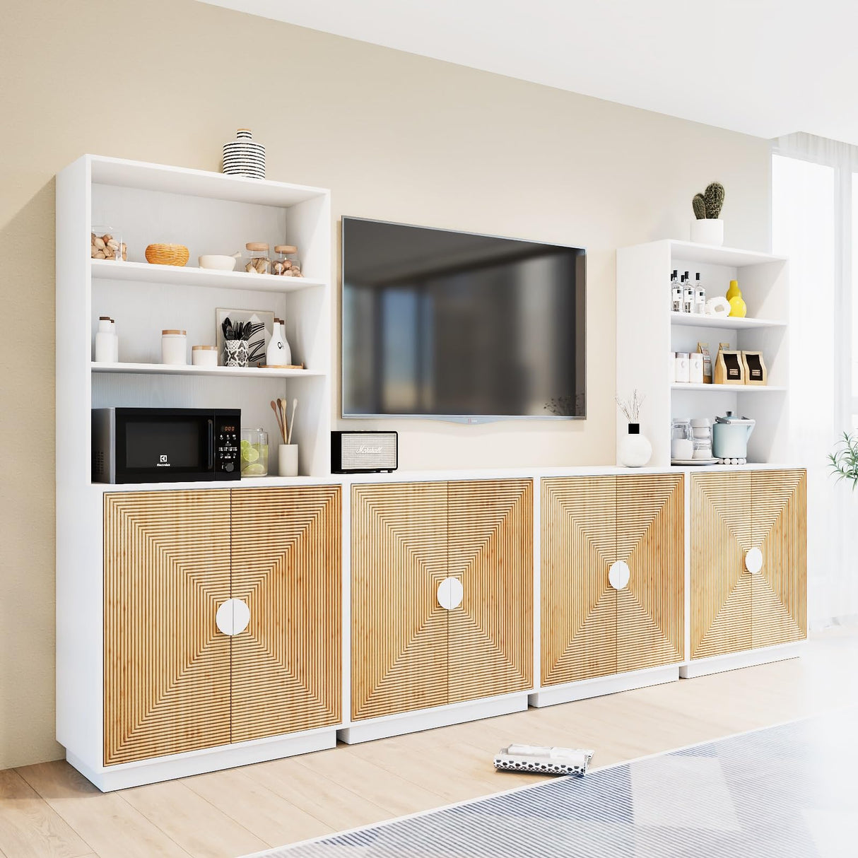 TUSY 4-Piece Large TV Stand with Bookshelves for TVs up to 75”, Wall Unit Entertainment Center with Doors, TV Cabinet for Living Room, Bedroom & Home Theater, White TUSY