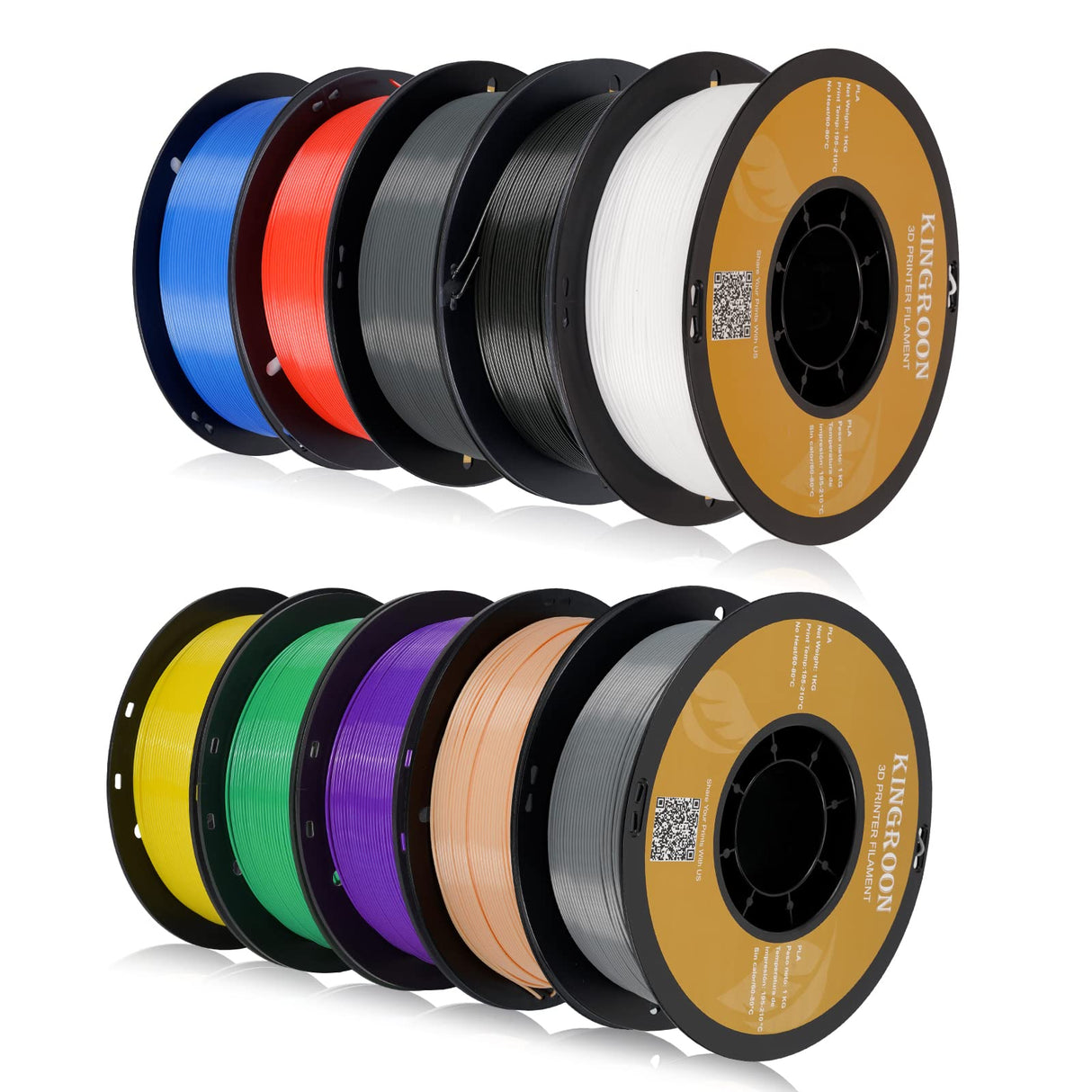 Kingroon PLA 3D Printer Filament, 10 Rolls, Dimensional Accuracy +/- 0.02 mm, 10kg Spool(22lbs), 1.75 mm,Black White Grey Red Blue Green Purple Skin Silver Yellow POJECITY