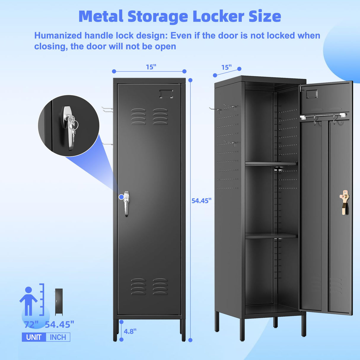 SUXXAN 54" H Metal Storage Locker, Metal Cabinet with Lockable Door & Towel Rack & 2 Side Pegboards with Hooks for Home School Office Gym Bedroom, Assembly Required(Black) SUXXAN