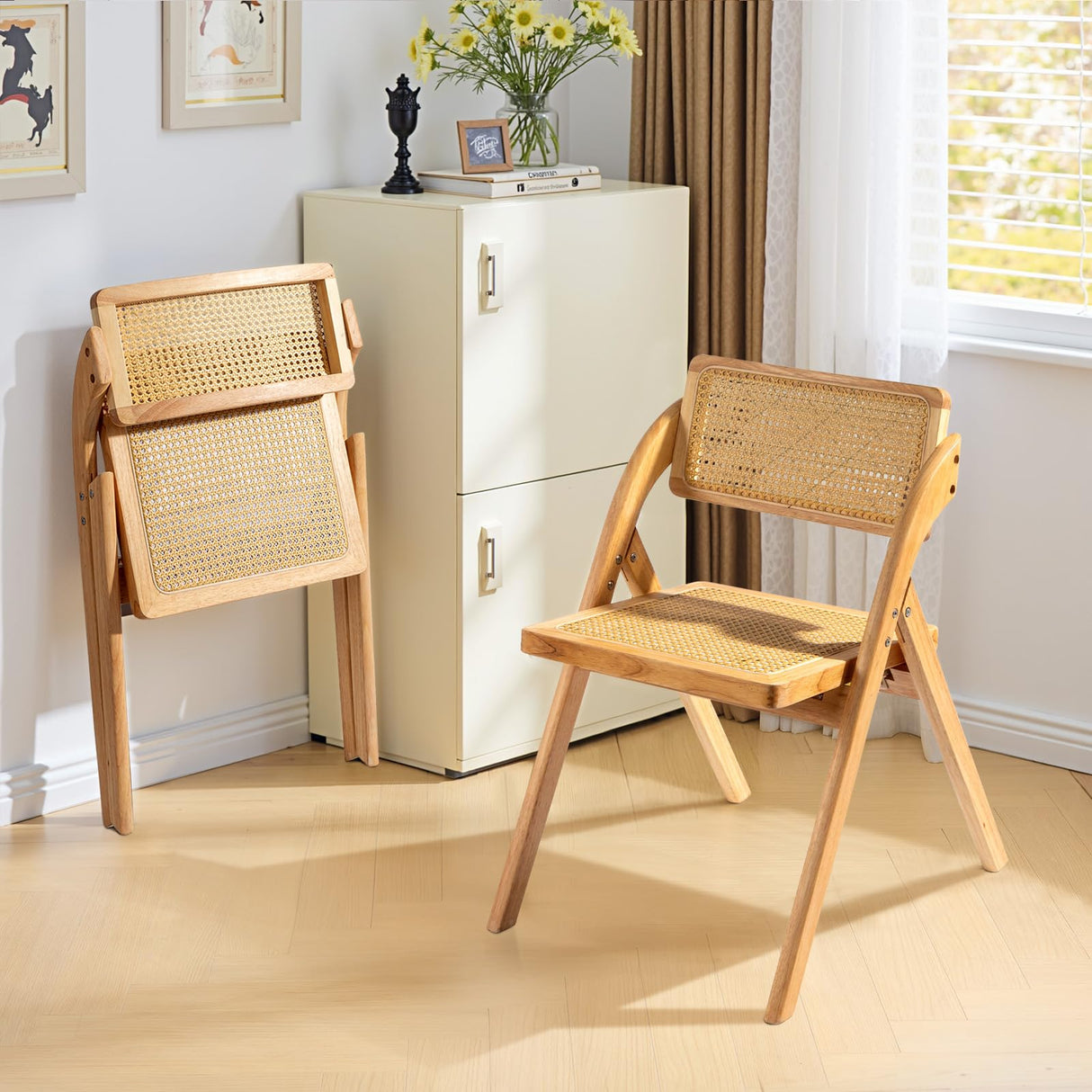 Karl home Wooden Rattan Folding Chairs 2 Pack, Portable Folding Chairs for Indoor, Ideal for Kitchen Dining Room, Office Wedding, Party, Picnic, Natural Karl home