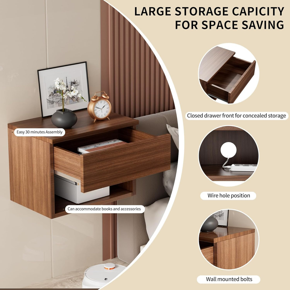 Floating Nightstand, Modern Wall Mounted Bedside Table with Drawer, Wood Bedside Shelf & Desk, End Table Wood Modern Night Stand for Bedroom (Walnut QD1, Set of 2) Kiseely