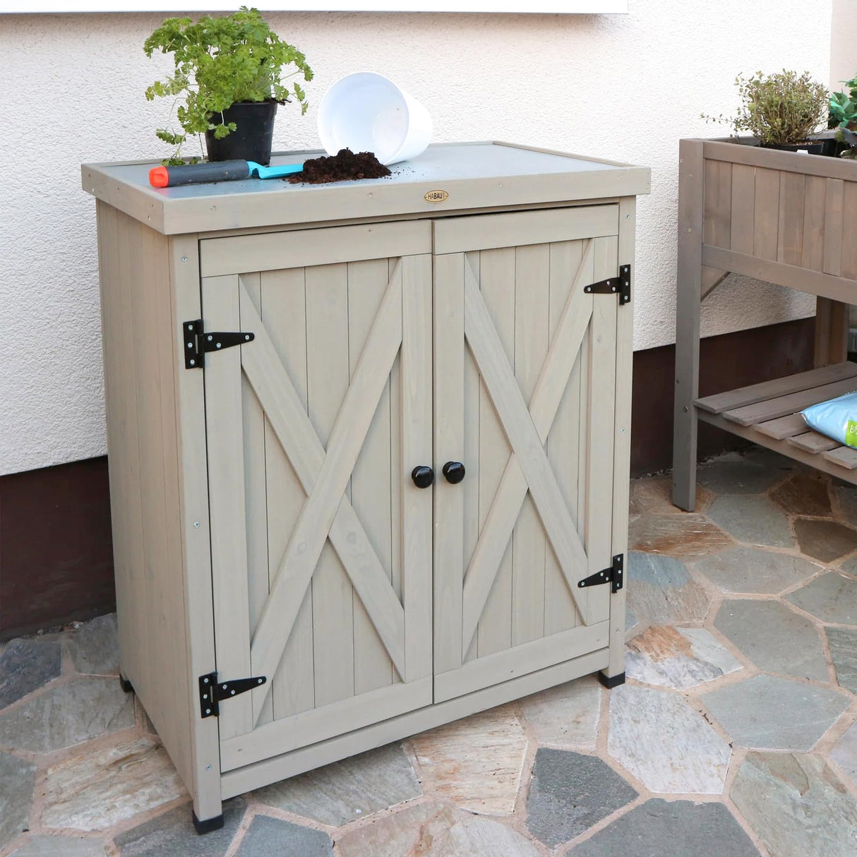 Outdoor Storage Cabinets Weatherproof for Patio, Garden Work Bench with Shelves & Metal Tabletop, Wooden Potting Table Workstation HABAU