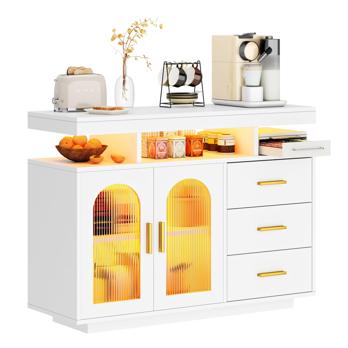 soges 39.4" LED Buffet Cabinet, Modern Sideboard Buffet with RGB 7-Color Light Strip, Large Kitchen Storage Cabinet with Storage for Bar, Office, Coffee Bar Station with 3 Drawers soges