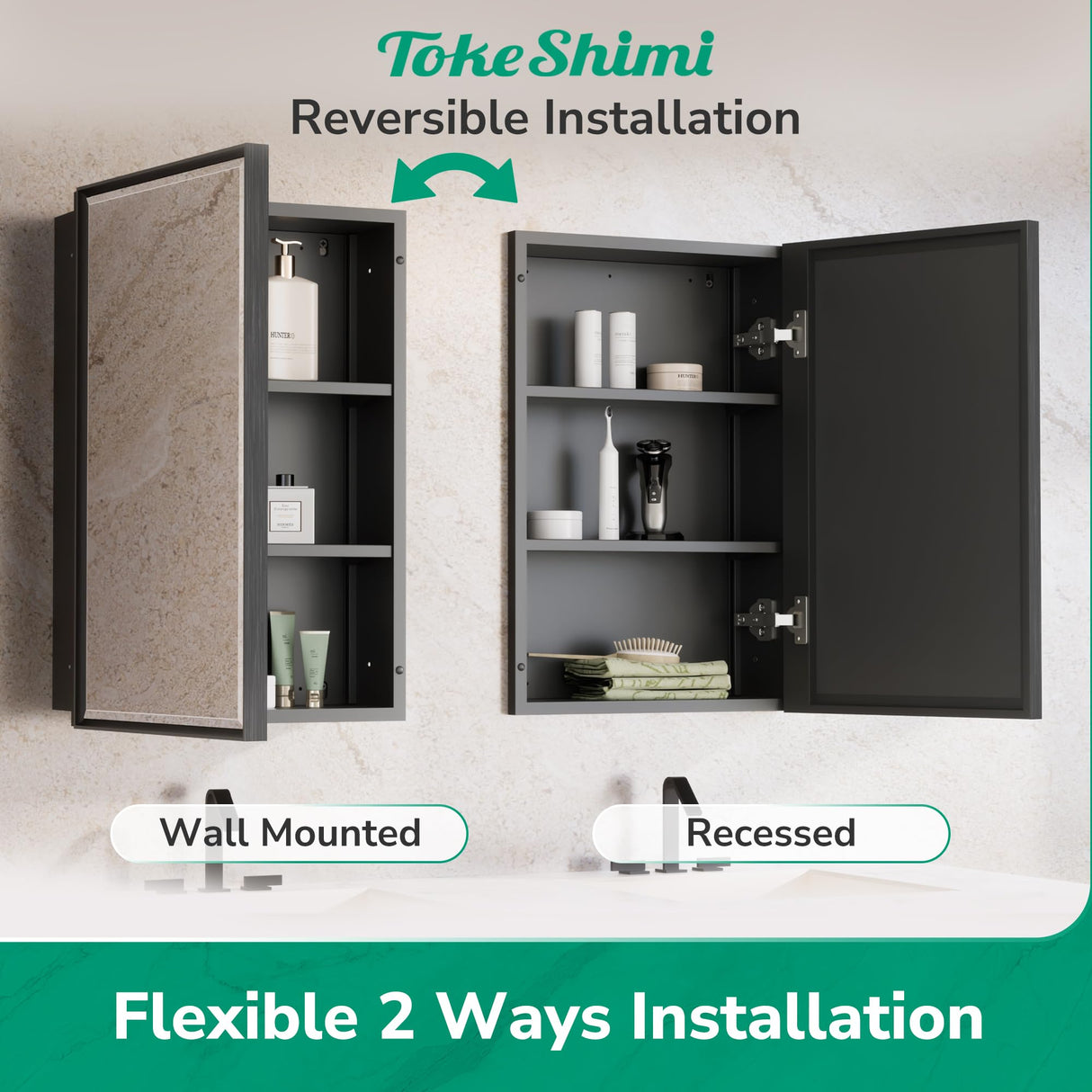 TokeShimi 16x24 Recessed Medicine Cabinet with Mirror, Black Bathroom Medicine Cabinet with Mirror, Bathroom Mirror with Storage, Beveled Aluminum Frame TokeShimi