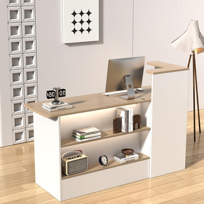 Nuipesn Modern L Shape Reception Desk with Counter – Front Desk Receptionist Counter with Storage Shelves, Drawer & LED Light for Office, Salon, Store (White+Natural, 59" L * 20" W * 40" H/Left)