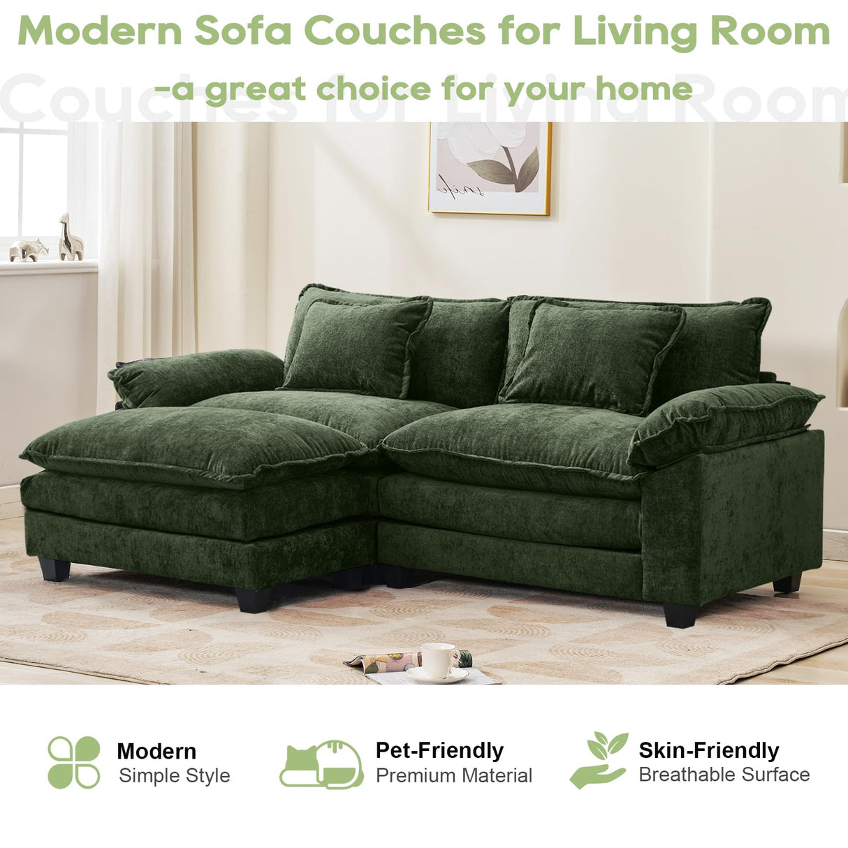 Oprisen 86" Modular Sectional Sofa, Comfy Cloud Couch Sectional Sofa with Ottoman, Chenille Sofa Sleeper Deep Seat Sofa with Throw Pillows for Living Room (Green, 86"- L Shape) Oprisen