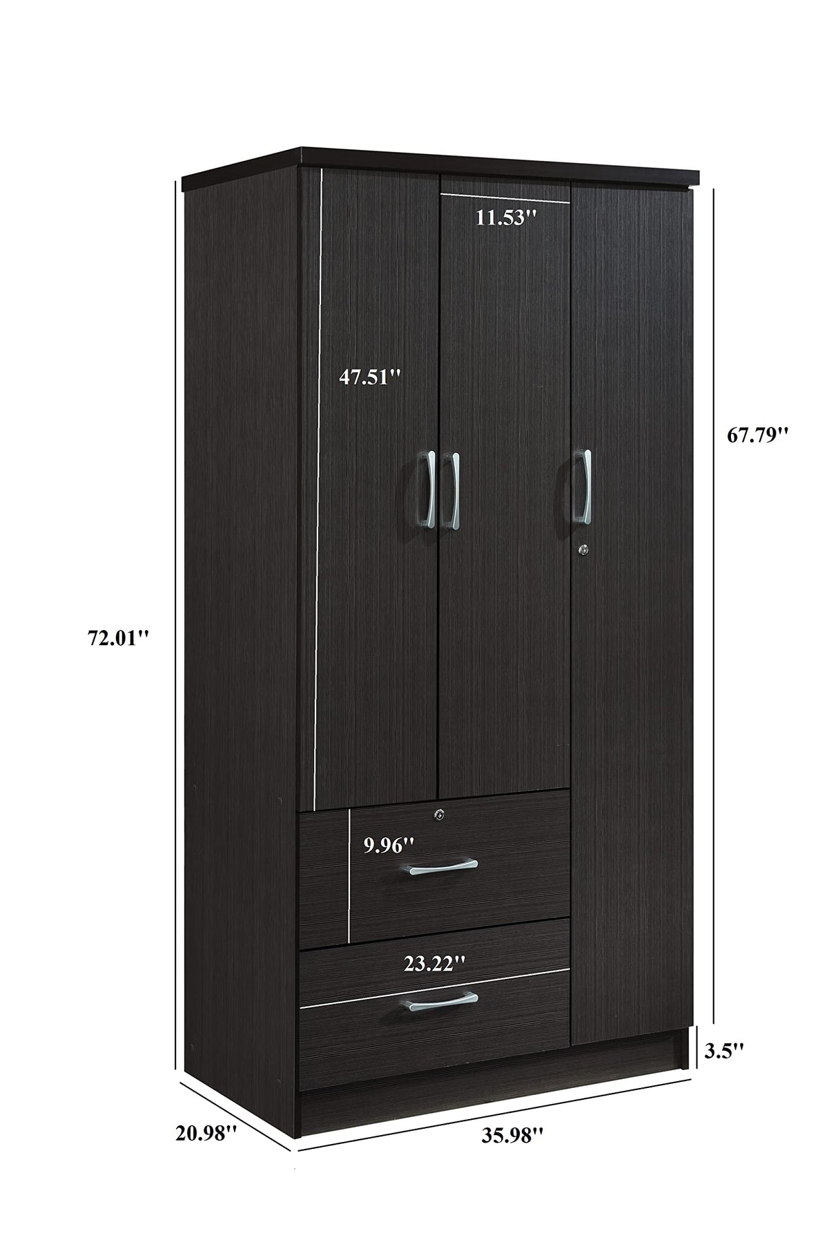 Hodedah 3-Door 2-Drawers, 3-Shelves in Chocolate Bedroom Armoires, 21"D x 36"W x 72"H Hodedah