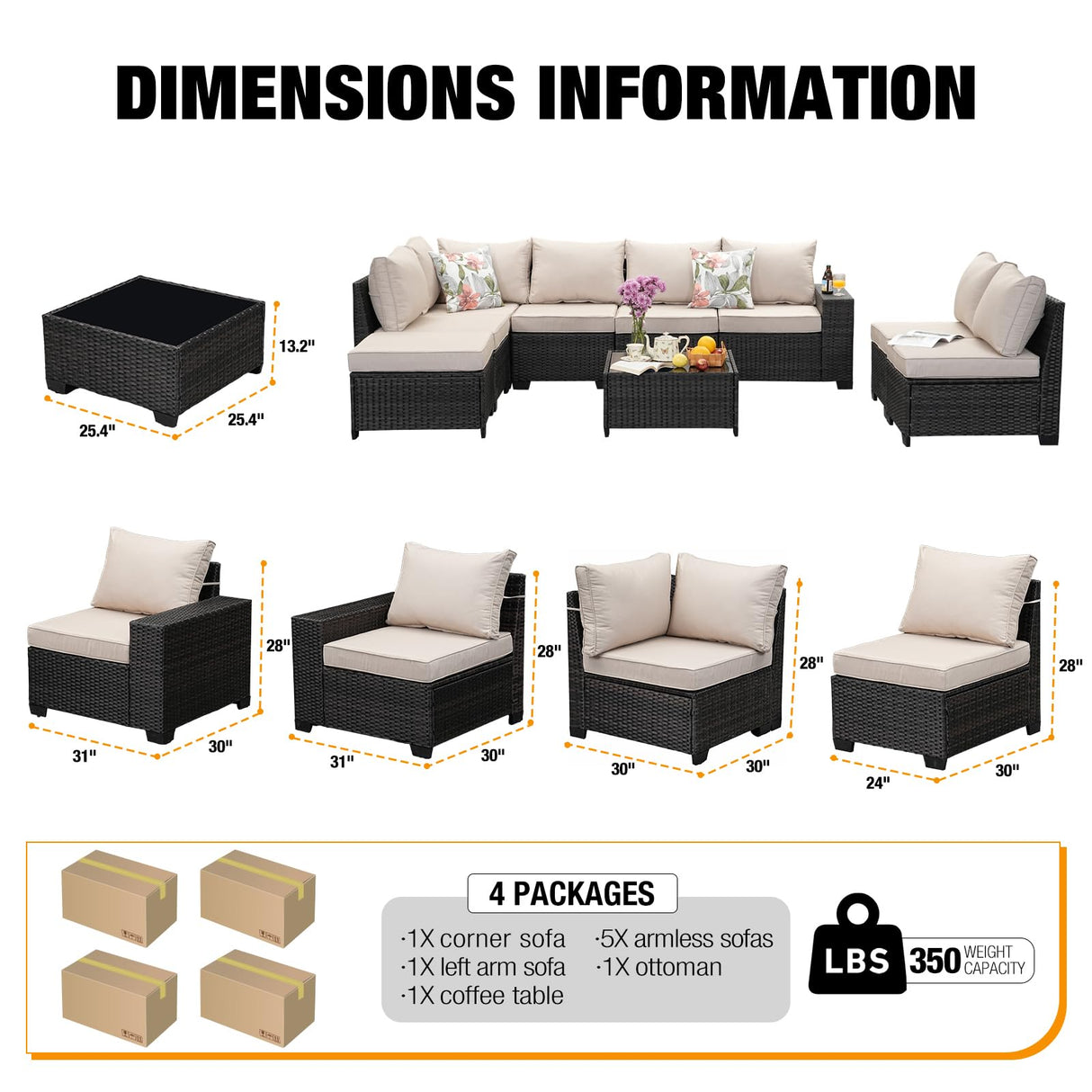 JOYURE 9 Pieces Patio Furniture Set All-Weather Outdoor Wicker Sectional Conversation Sofa Rattan Patio Seating Sofa with Cushion and Glass Table and Ottoman for Porch Poolside,Beige JOYURE