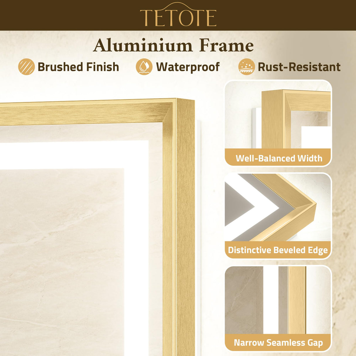 TETOTE 22 x 30 Bathroom LED Mirror Brushed Gold Metal Frame Frontlit & Backlit Vanity Mirror Anti-Fog Stepless Dimmable 3 Colors White/Warm/Natural Mirror with Lights Wall-Mounted TETOTE