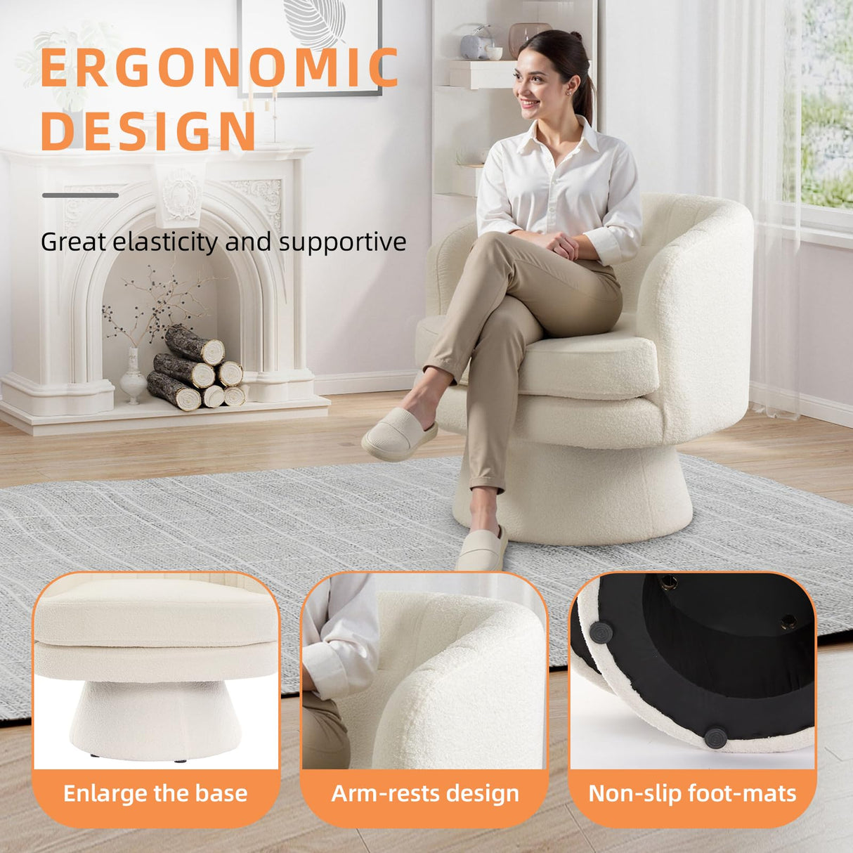 Phoenix Home Swivel Barrel Accent Chair, Mid Century 360 Degree Swivel Barrel Chair, Overstuffed Round Reading Lounge Chair Berber Fleece, Ideal for Living Room, Bedroom, Living Room, Office, Beige Phoenix Home