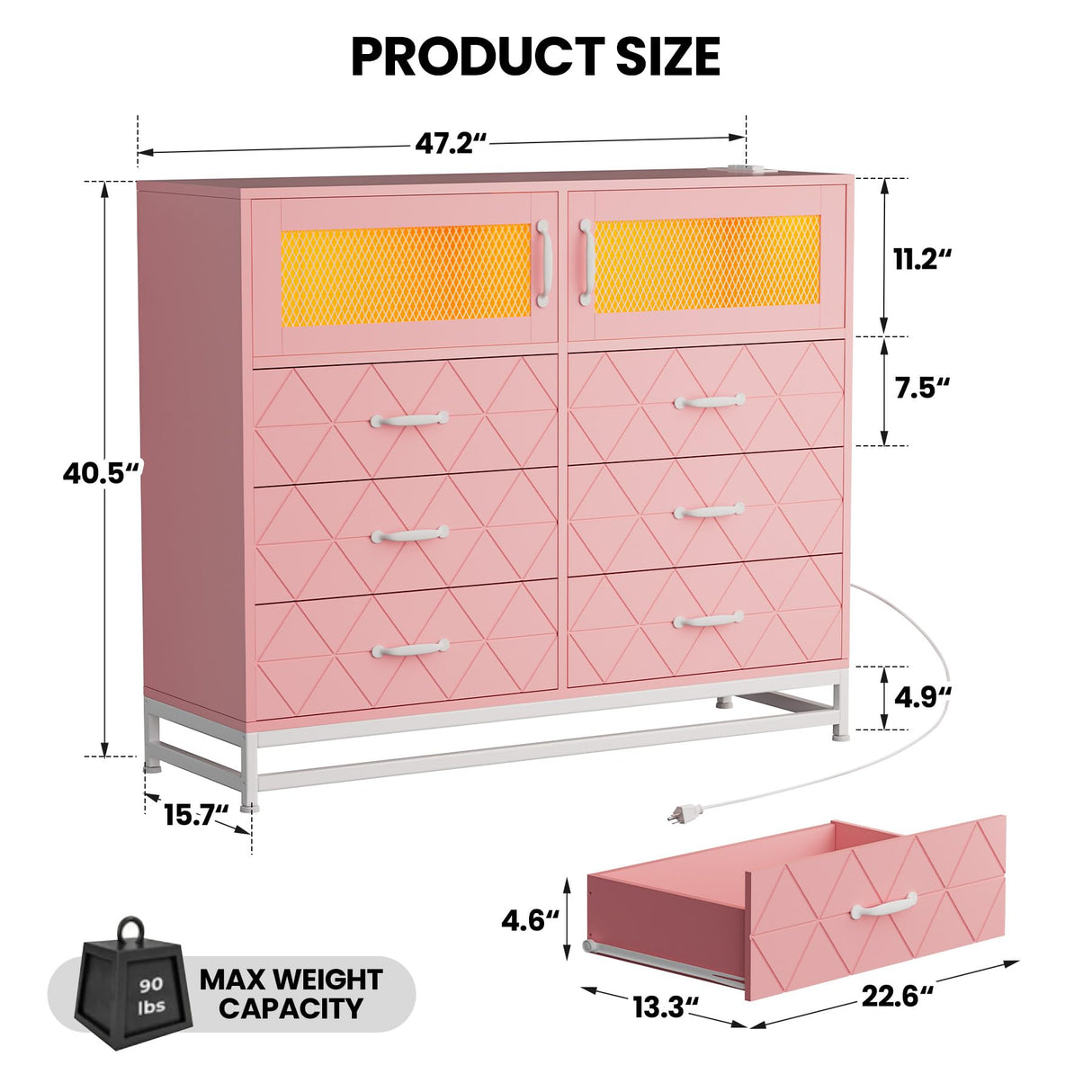 ElectraSpeedy Dresser for Bedroom, 6 Drawer Dresser with 2 Shelves, LED Lights & Charging Station, Modern Chest of Drawers for Bedroom, Entryway, Hallway, Pink ElectraSpeedy