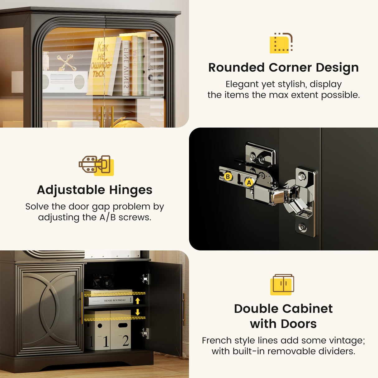 Lareth Display Cabinet with Glass Doors, 69 in Tall Bookcase with LED Lights, Curio Storage Cabinet|Kitchen Pantry Cabinet, 5 Tier Glass Display Case for Living Room, Home Office, Black Lareth