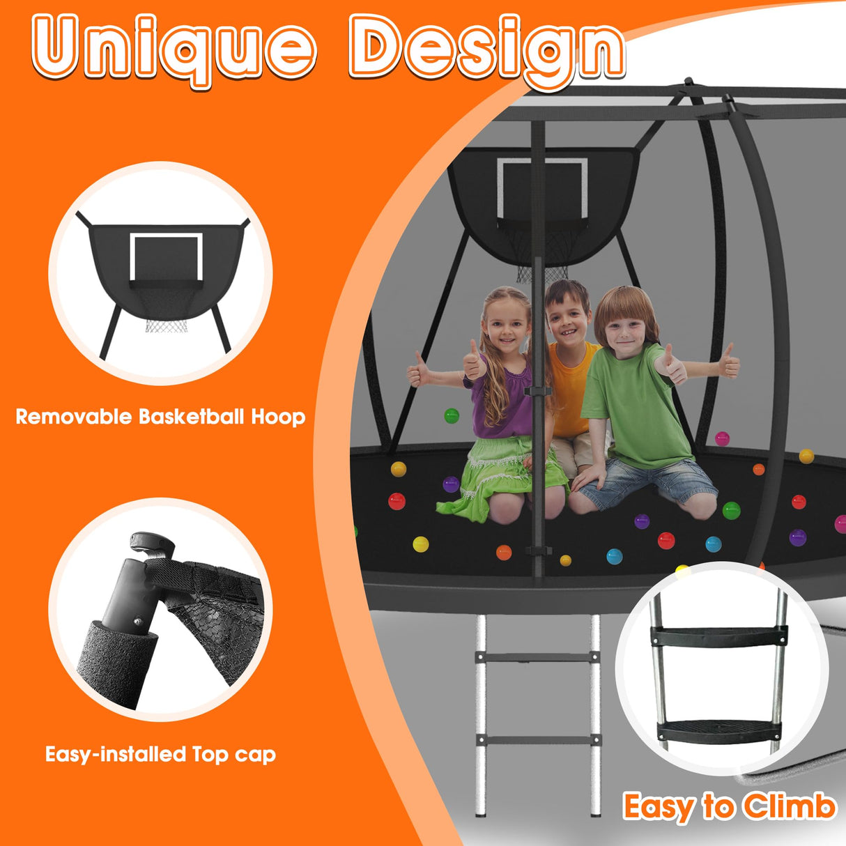 KOFUN 1500LBS 8 10 12 14 16 FT Tranpoline Outdoor for Kids Adults, Tranpoline with Net Ladder Basketball Hoop Light, Recreational Tranpolines, ASTM Approval, Easy to Assemble, Curved Poles Larger Room KOFUN