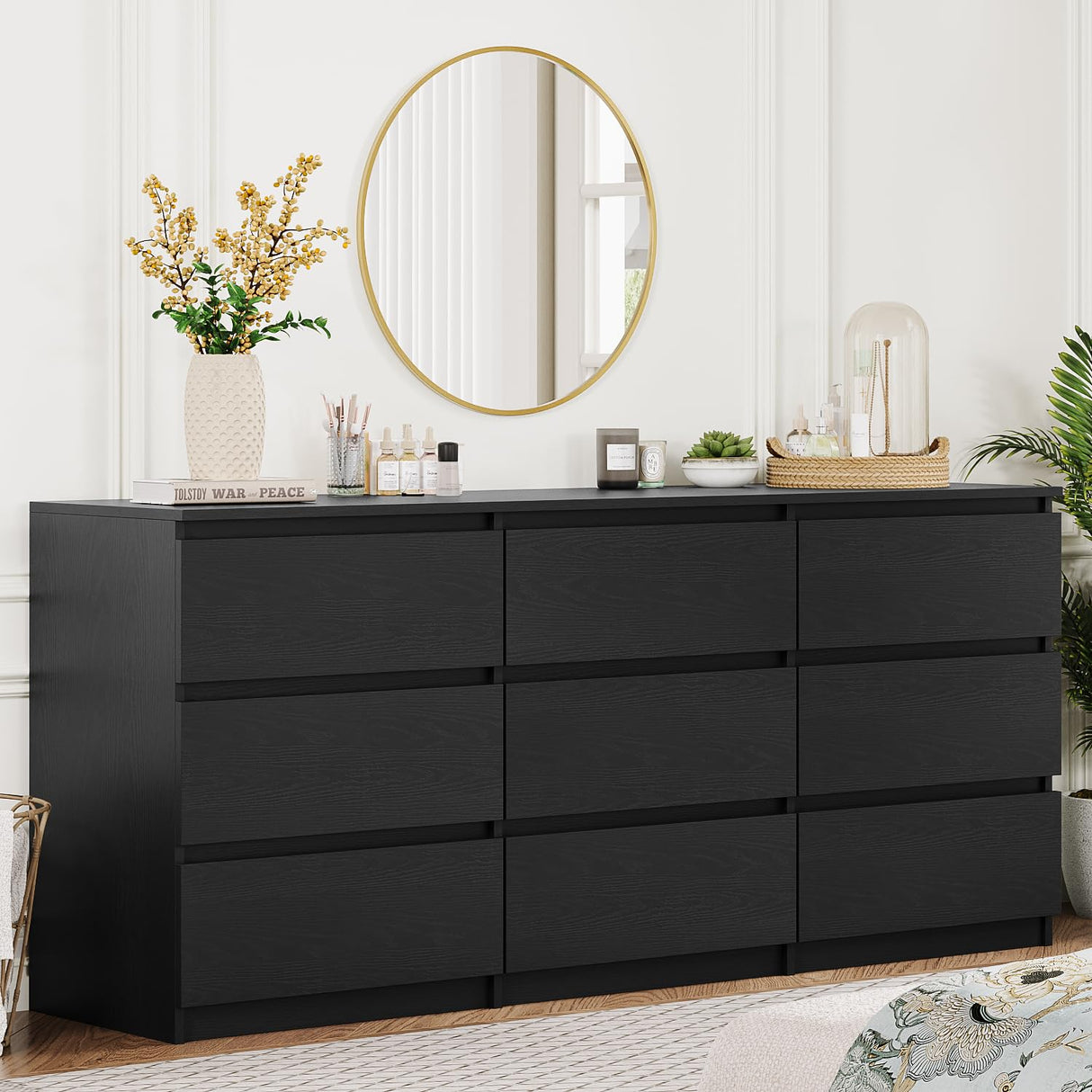 Angel Sar 62'' Black Dresser for Bedroom, Modern 9 Drawer Wood Dresser with Handle-Free Design & Thick Panel, Minimalist Storage Cabinet for Clothes, Entryway Use Angel Sar