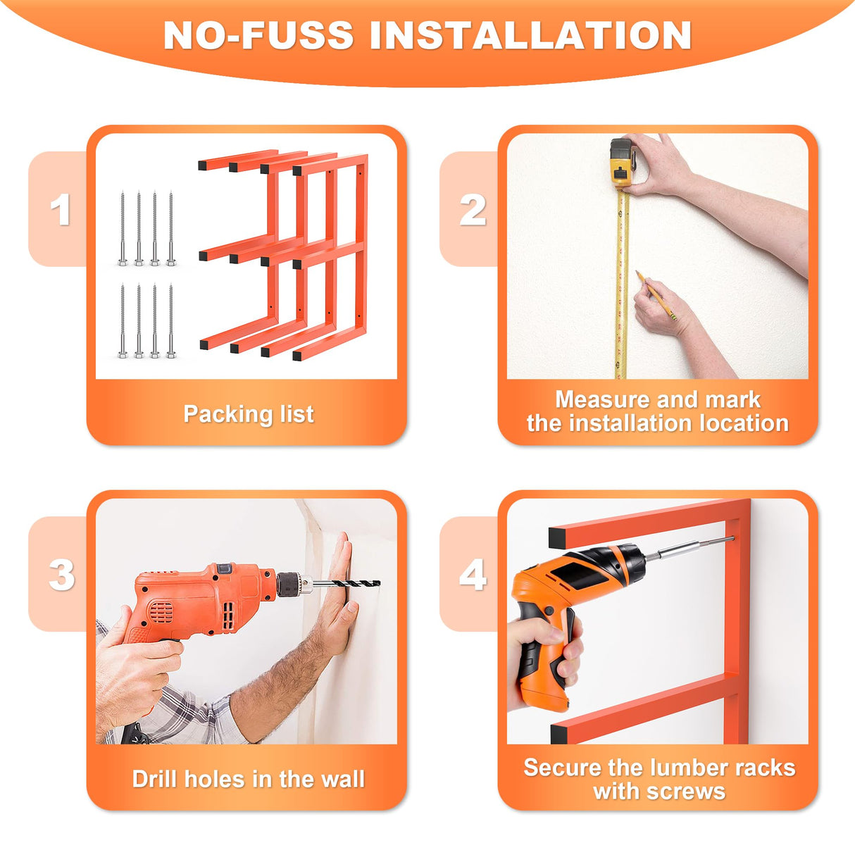 Ultrawall Lumber Storage Rack Wall Mount Wood Storage Racks, Metal Wood Organizer Racks for Shed, Workshop, Garage, Holds Up 220 LBS Per Level (Pack of 4, Orange) Ultrawall