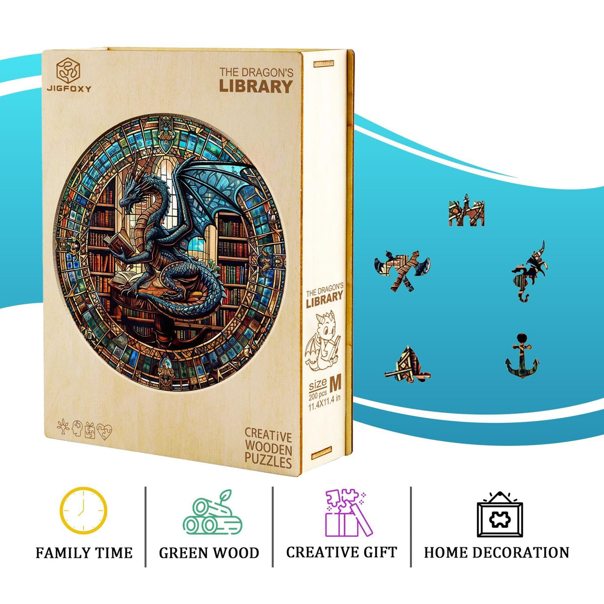 Jigfoxy Wooden Puzzles for Adults, Dragon's Library Wood Puzzles Adult, Unique Animal Shape Wooden Jigsaw Puzzles, Birthday Gifts for Puzzles Lovers Family Friend (S-8.5 * 8.5in-100pcs) Jigfoxy