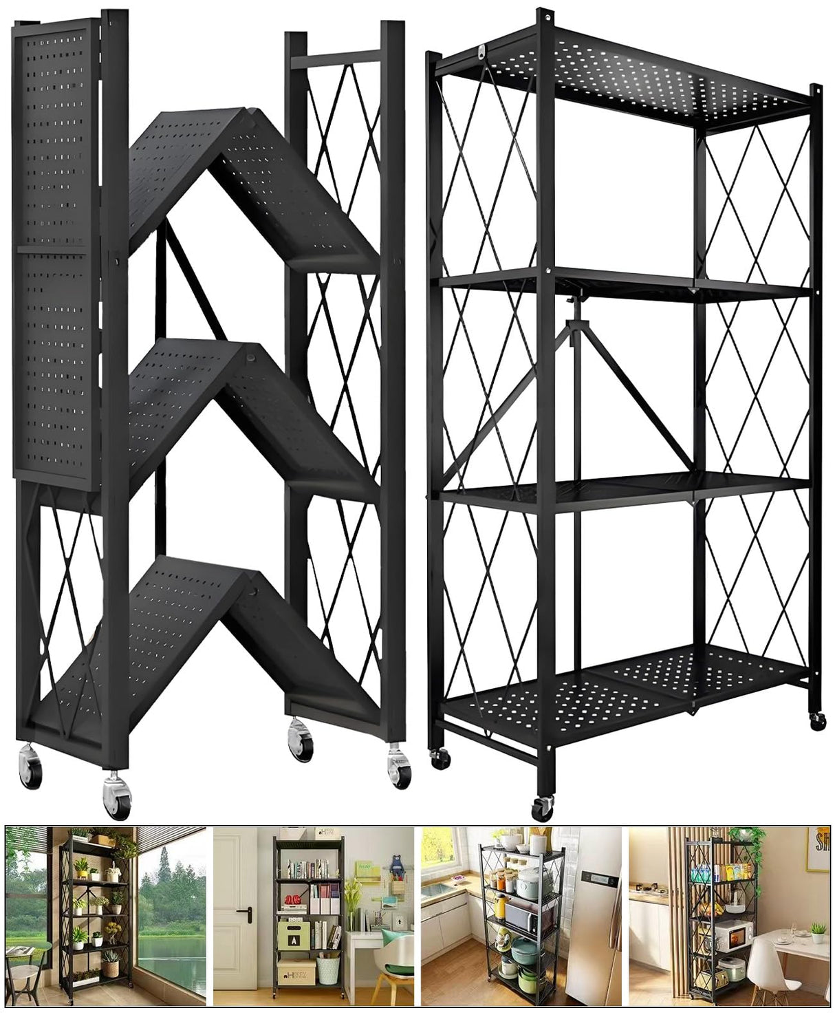 TEMZICK 4-Tire Storage Shelves Organizer, Foldable Metal Garage Shelving, Portable Closet Shelving Unit, 28" x 13" x 48" Kitchen Bakers Rack Microwave Stand on Wheels (Tiered Shelf-4) TEMZICK