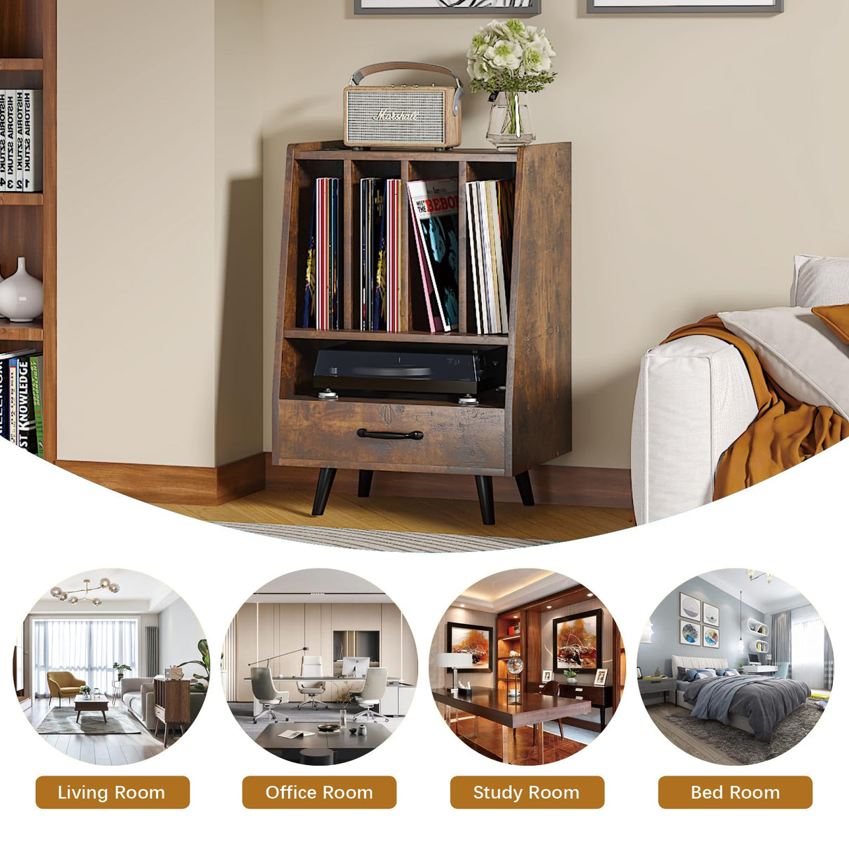 HedoAjim Large Record Player Stand with Vinyl Storage with LED Light, Turntable Stand with Drawer, Midcentury Record Player Table Holds Up to 200+ Albums, DVD Shelf for Music Room Living Room-Walnut HedoAjim