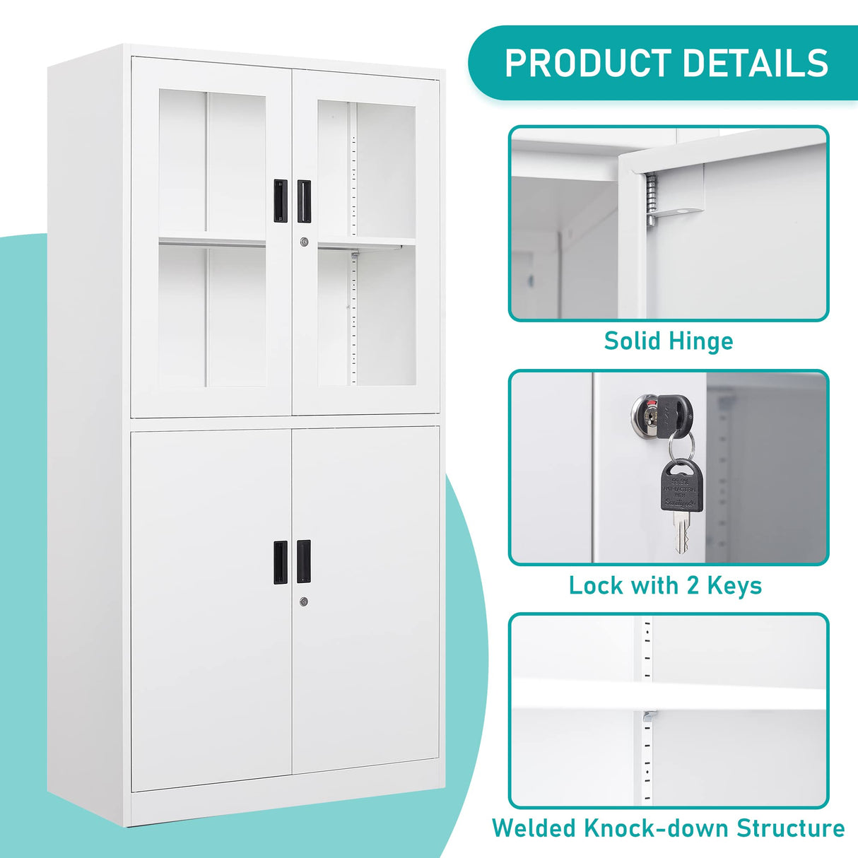 MIIIKO Metal Storage Cabinet with Glass Doors, 2 Tier White Steel Cabinet with Adjustable Shelves and Locking Doors, for Home Office, School and Hospital MIIIKO
