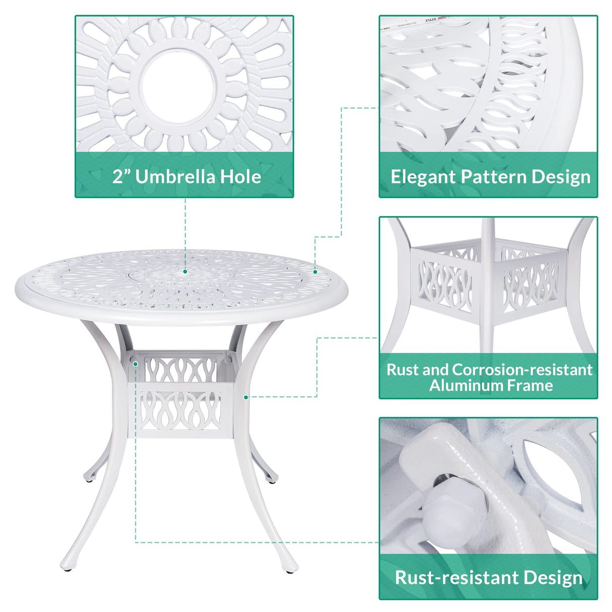 VIVIJASON 5-Piece Patio Furniture Dining Set, All-Weather White Cast Aluminum Outdoor Conversation Set, Include 4 Cushioned Chairs and a 35.4" Round Table w/Umbrella Hole for Balcony Lawn Garden VIVIJASON