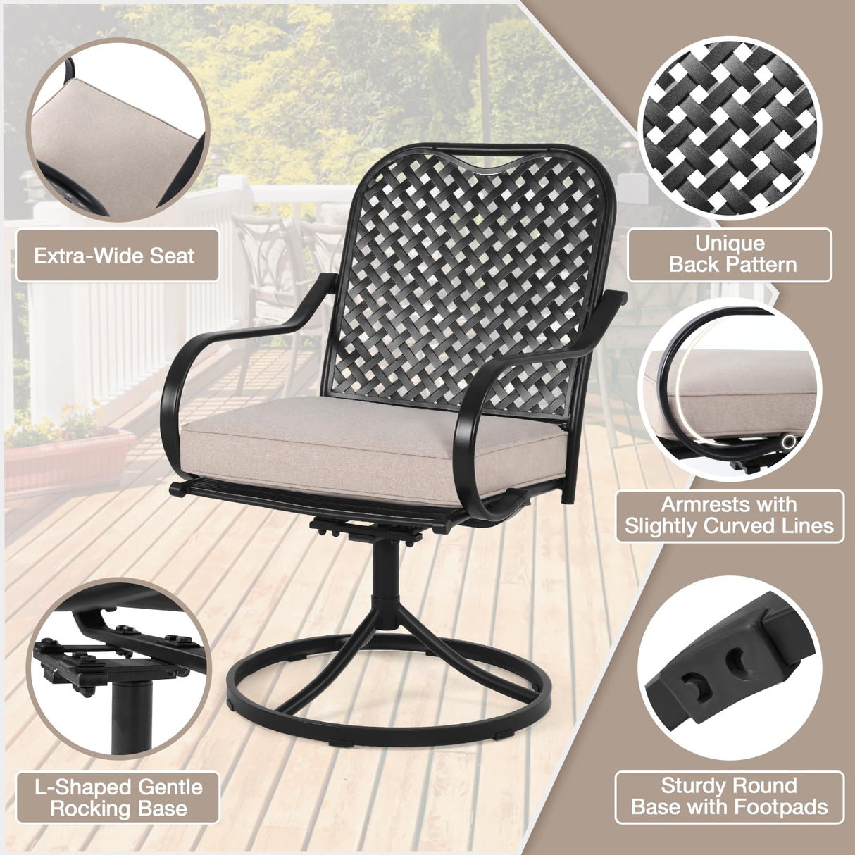 MELLCOM 5 Pcs Outdoor Dining Set, 4 Swivel Rocker Chairs with Thick Cushions & Square Dining Table with Umbrella Hole, Patio Furniture Set for Porch, Beige MELLCOM