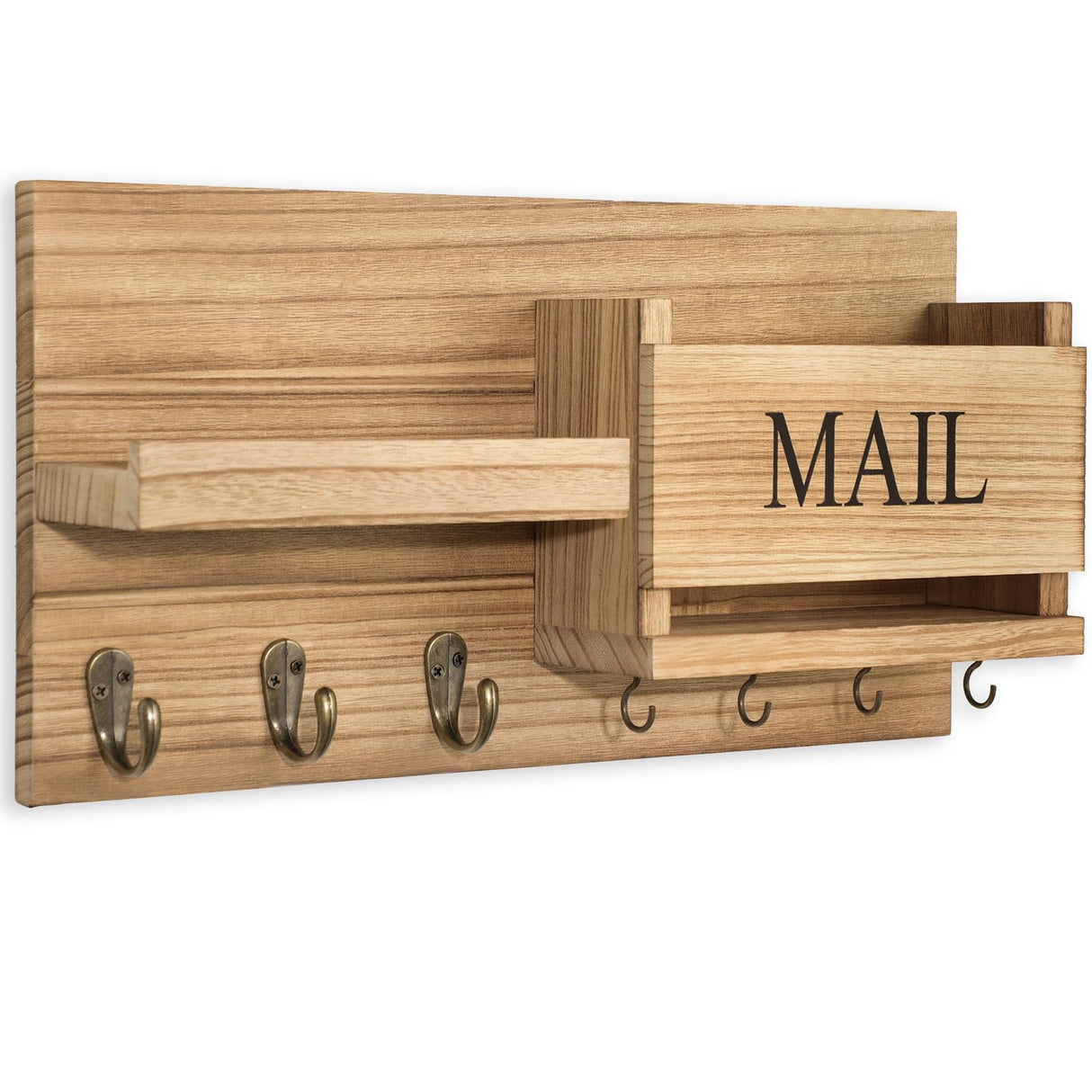 Lwenki Mail Organizer for Wall Mount – Key Holder with Shelf Includes Letter Holder and Hooks for Hallway Farmhouse Decor – Rustic Wood with Flush Mounting Hardware (16.5” x 9.1” x 3.4”) (Wood) Lwenki