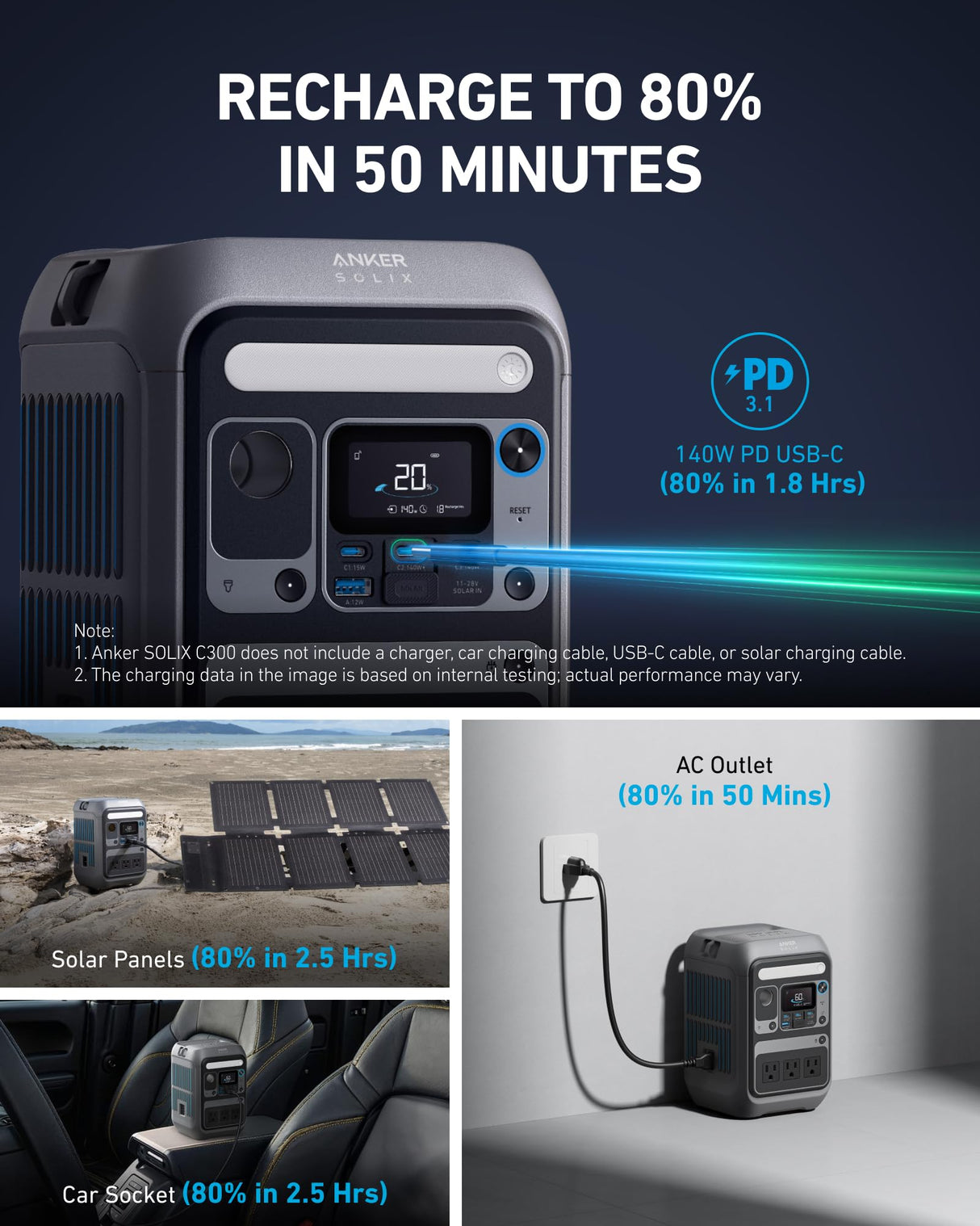 Anker SOLIX C300 Portable Power Station, Outdoor 288Wh LiFePO4 Battery, 300W (600W Surge) Solar Generator, 140W Two-Way Fast Charging, for Camping, Traveling, and Emergencies (Solar Panel Optional) Anker