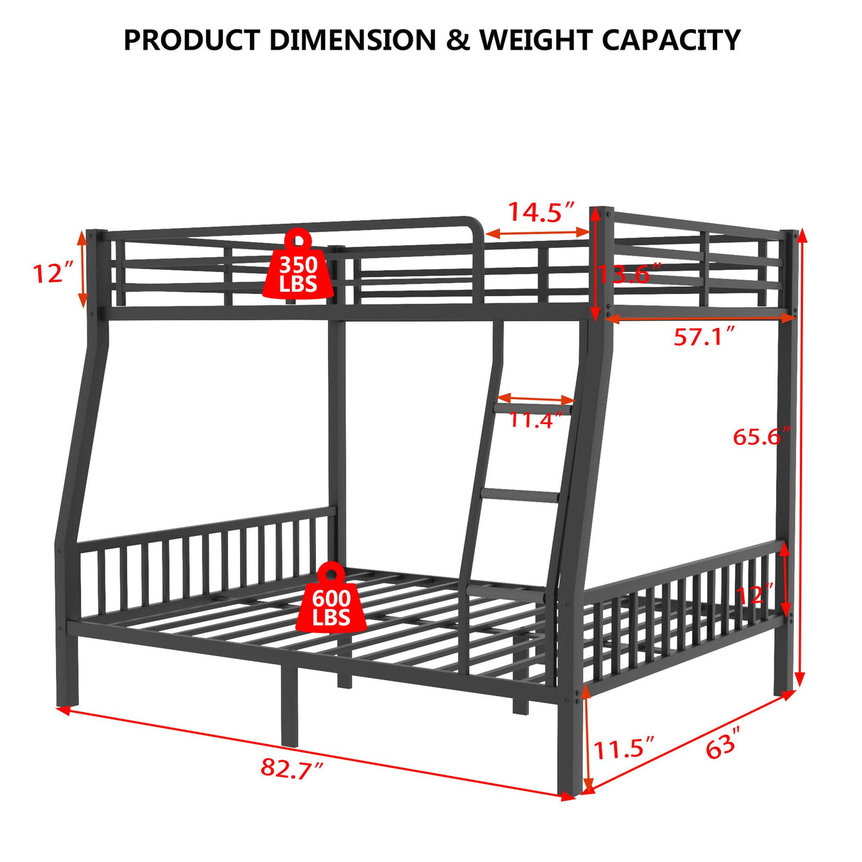 mikibama Full XL Over Queen Bunk,Metal Heavy Duty Bunk Beds for Adults,Queen Bunk Bed with Inclined Ladder,Industrial Bunkbeds for Kids,Adult,Small Spaces,Space Saving. (Black, Full XL Over Queen) mikibama