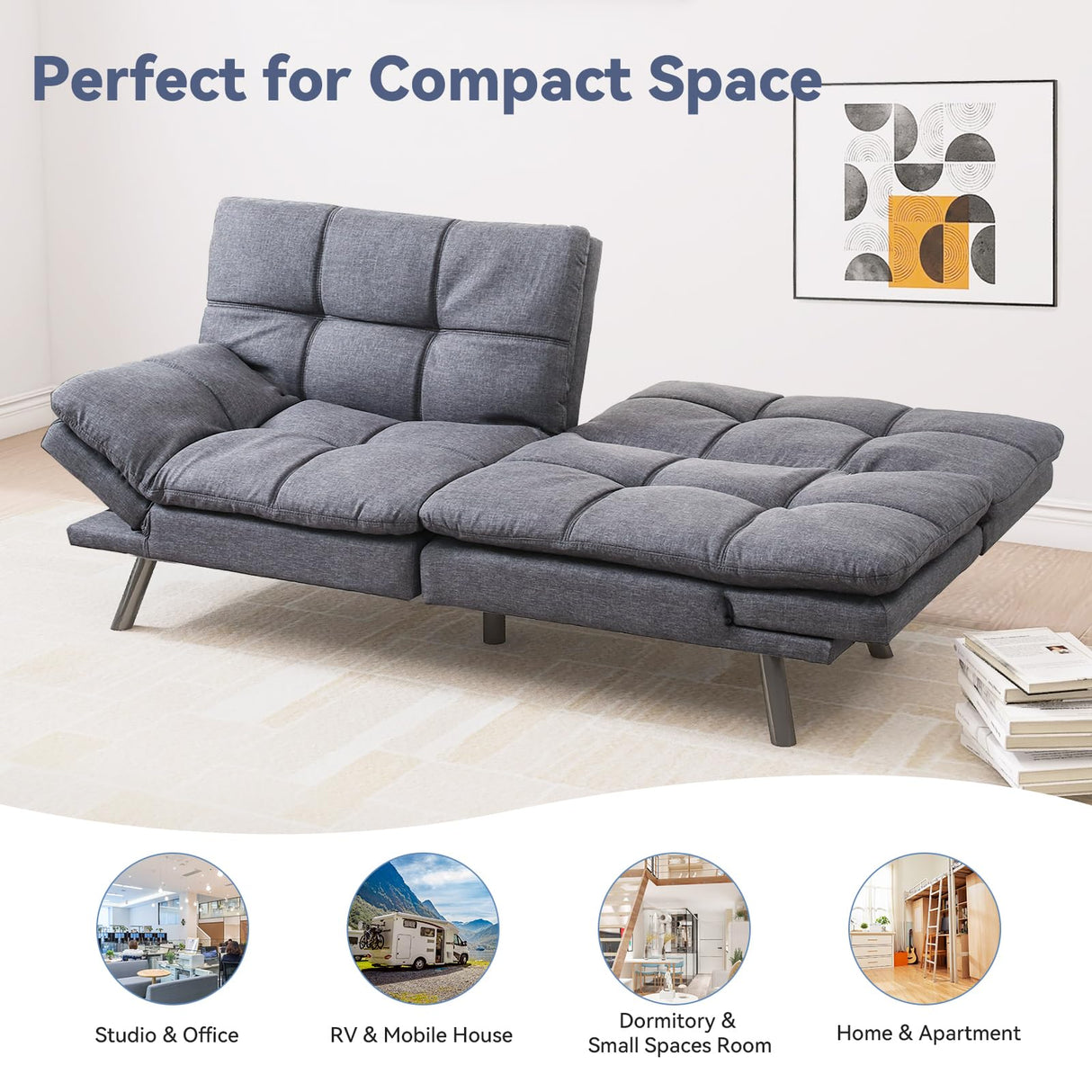 Hcore Convertible Splitback Futon Sofa Bed for Living Room, Office, Apartment - Memory Foam Sleeper Loveseat, Modern Small Couch in Grey Hcore