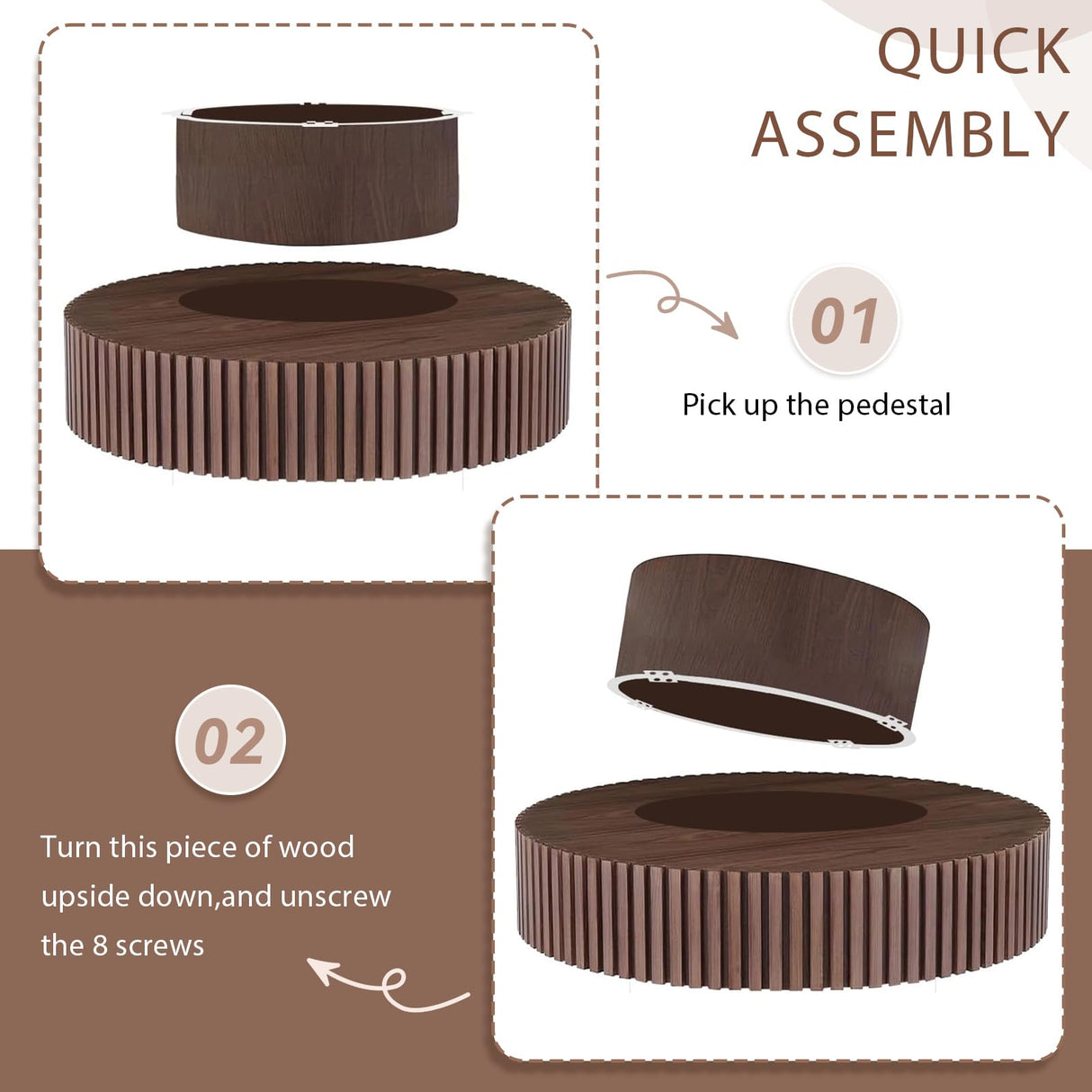 31.49" Walnut Coffee Table Round Wood, Modern Unique Fluted Coffee Table, Contemporary Drum Circle Coffee Table Accent Tea Table Center Table for Living Room, Small Space, Apartment SLEERWAY