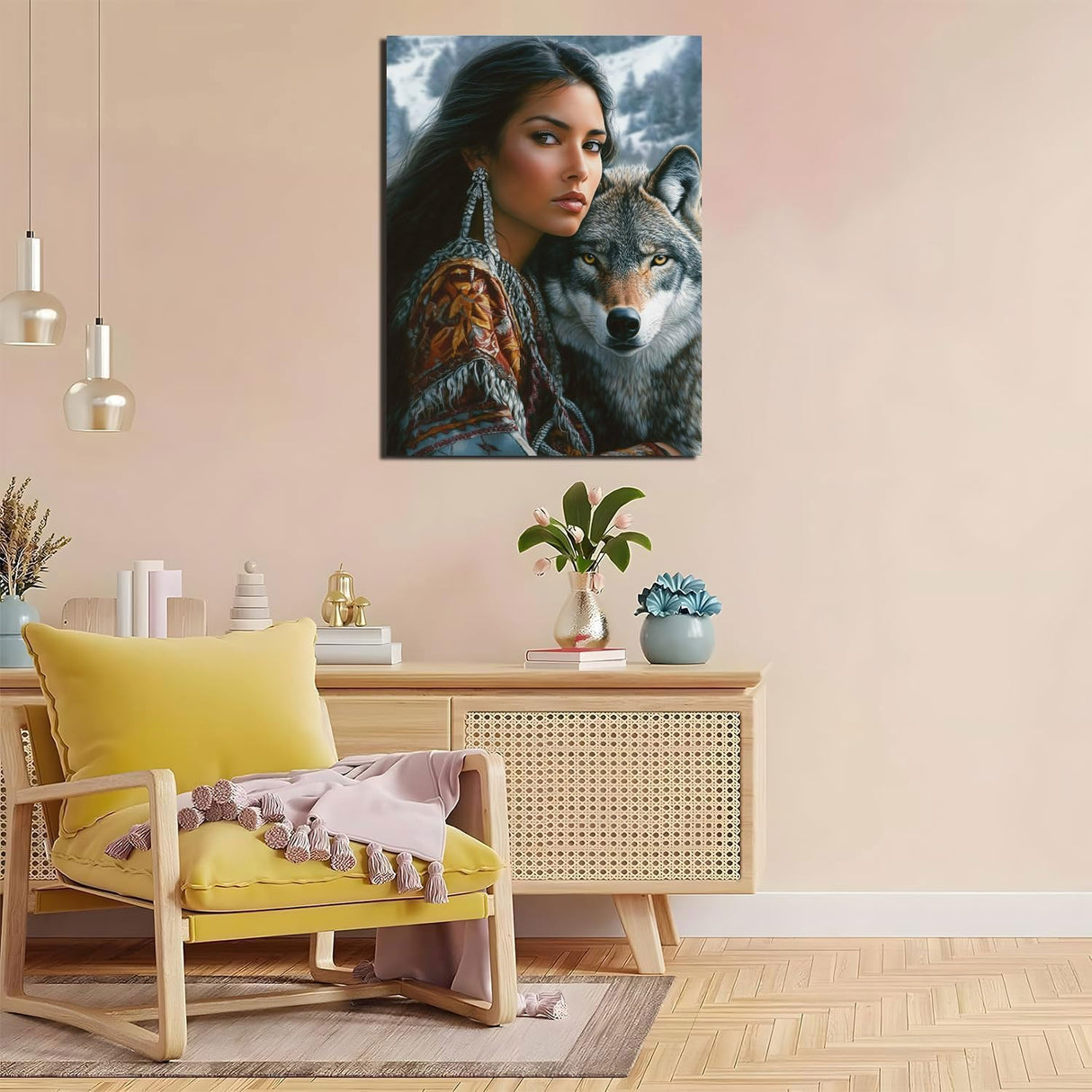 American Native Indian Woman and Wolf Paint by Numbers Kit for Adults, 16"x20" Canvas Painting Kit for Beginners, Modern Aesthetic DIY Paint by Number on Canvas for Home Wall Decor 85 Generic