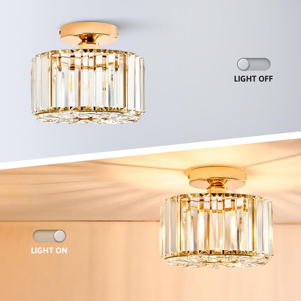 VONLUCE Crystal Ceiling Light Fixture, Semi Flush Mount Ceiling Light Modern Crystal Hallway Light, Gold Flush Mount Chandelier for Entryway Kitchen Bedroom Living Room Entryway VONLUCE