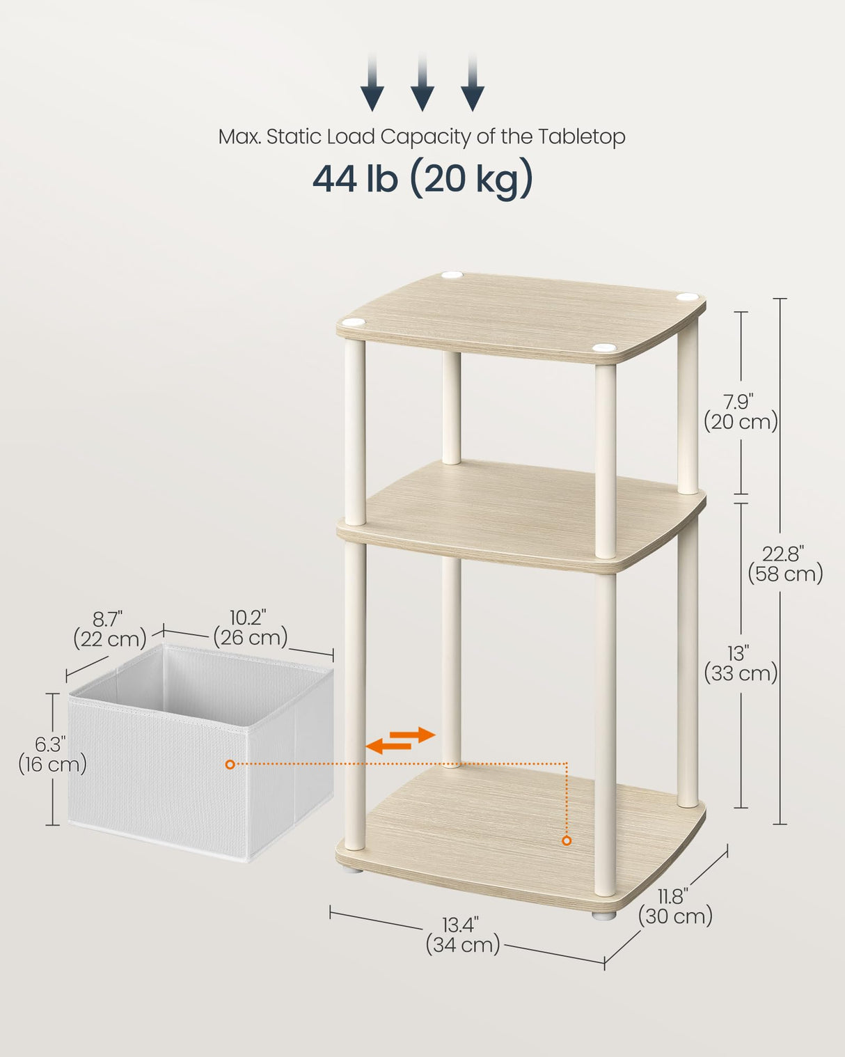 SONGMICS HOME Side Table, 3-Tier Nightstand with Storage, End Table with Fabric Basket, for Bedroom, Living Room, Steel Frame, Superfast Toolless Assembly, Modern, Natural Beige ULET286N01 SONGMICS HOME