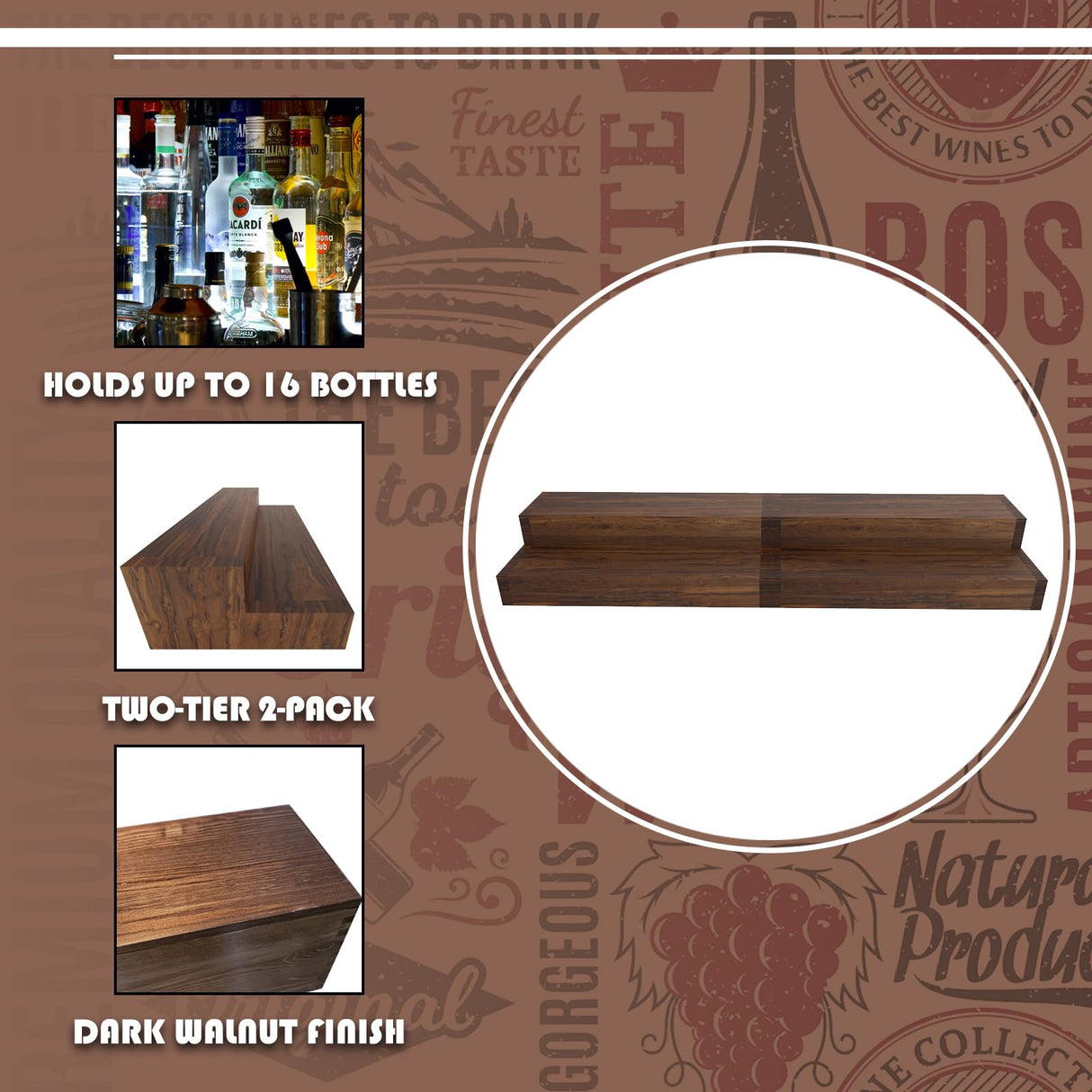 tongmo 2 pack Liquor Bottle Stand - 2 Tier Liquor Bar Bottle Display Shelf, Holds 16Bottles, Real Wood, Easy to Clean, No Installation Required - 15.8 Inch each (Dark Walnut) tongmo