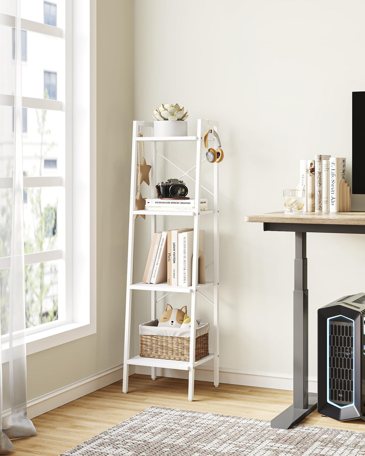 Hzuaneri Ladder Shelf, Bookshelf Bookcase, Freestanding Corner Storage Shelve with 2 Hooks for Home Office, Living Room, Kitchen, Bedroom, Industrial, 4-Tier White BC13213W Hzuaneri