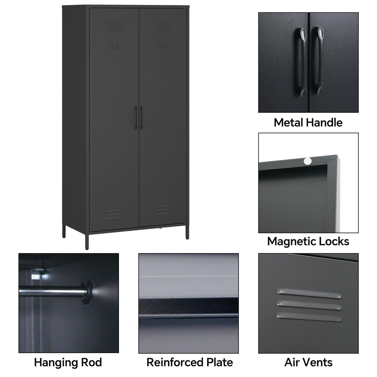 MIOCASA Metal Armoire, Wardrobe Closet Cabinet with Hanging Rod and 4 Shelf Steel Storage Locker Clothes Organizer for Bedroom, Changing Room, Laundry Room, Office (Black) MIOCASA