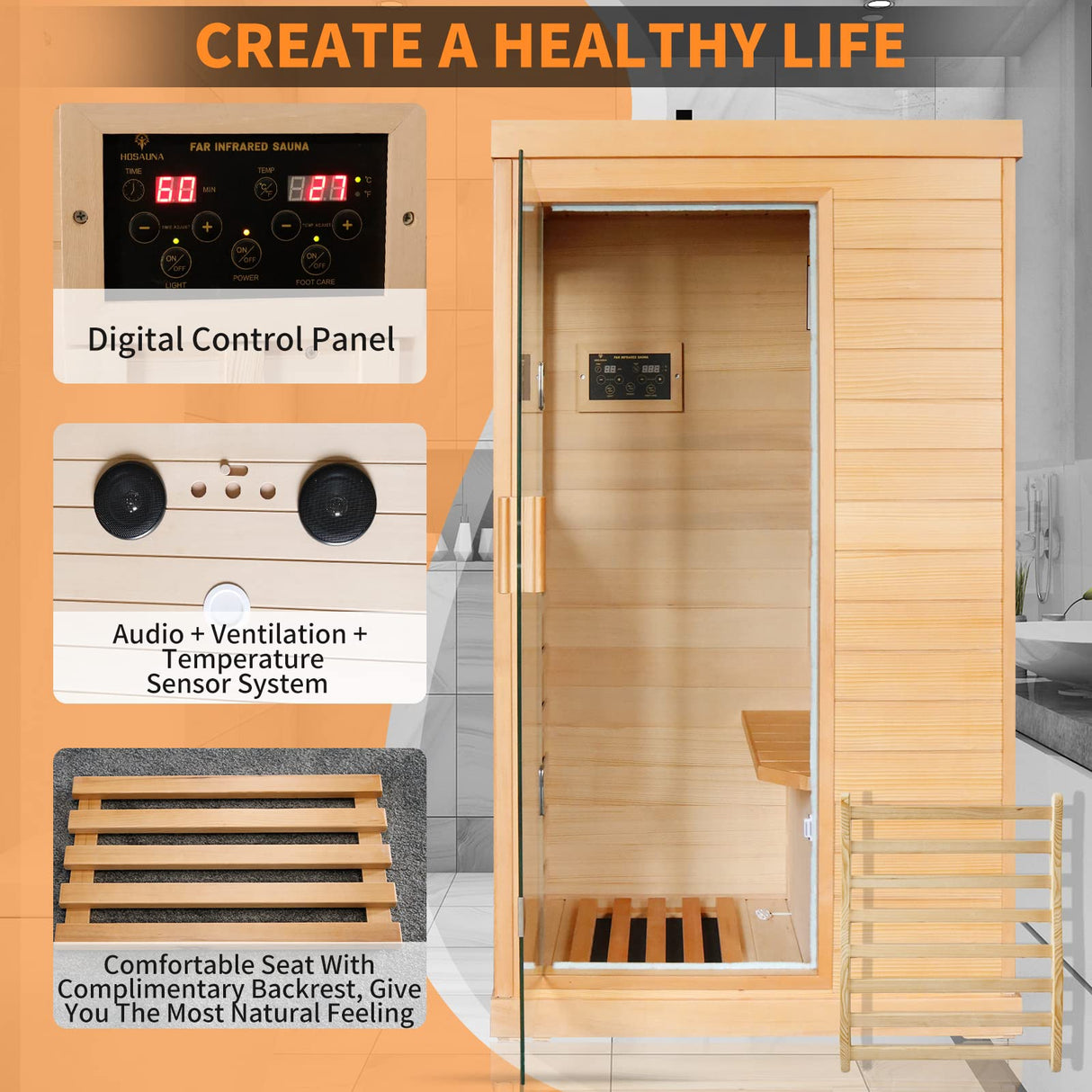 ToTibuy Far Infrared Home Sauna Low-EMF 800W Canadian Hemlock Indoor Sauna with Control Panel, Bluetooth,35.2 * 27.6 * 61.6Inch ToTibuy