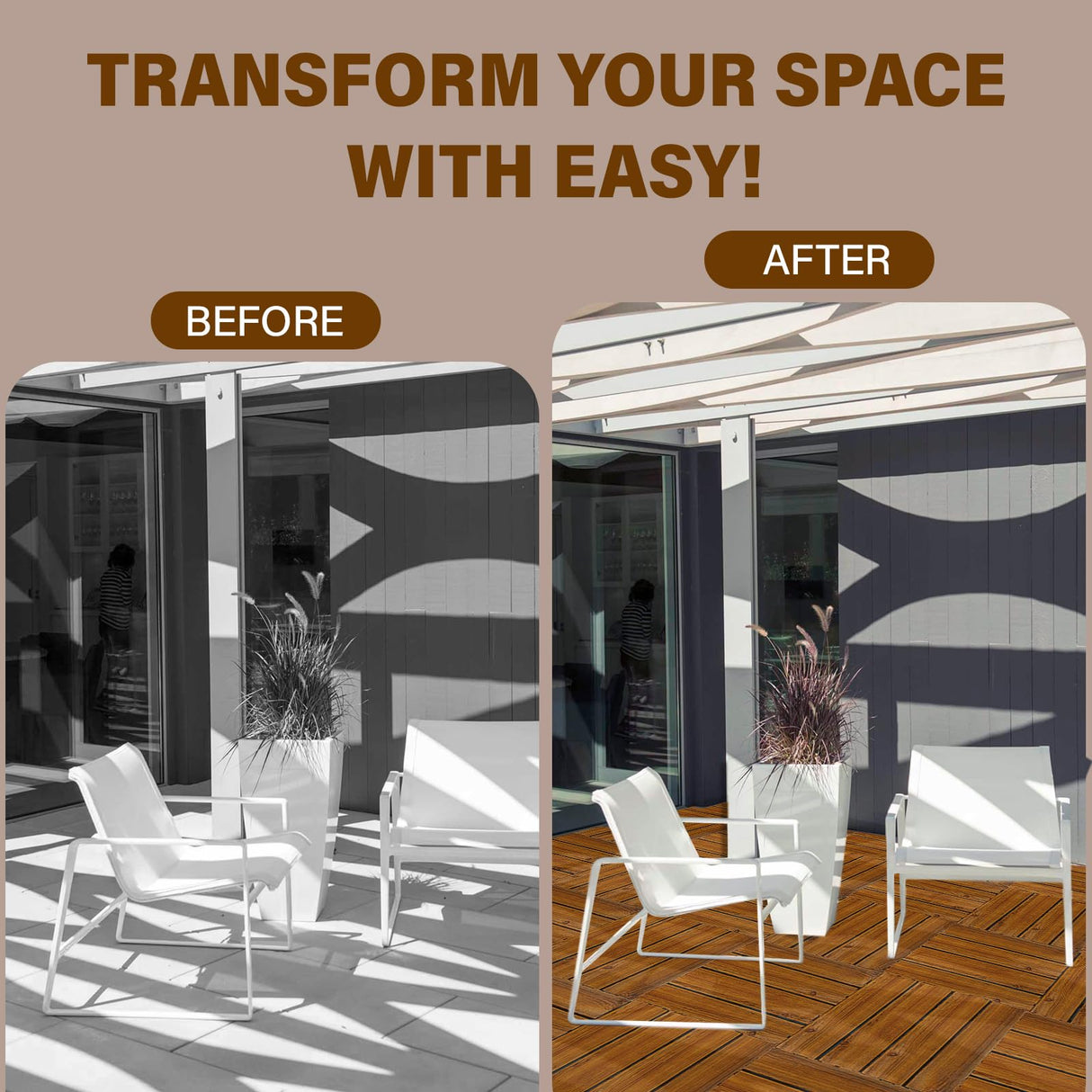 10-Pack 12"x12" Interlocking Acacia Wood Deck Tiles – 4 Slats Waterproof Outdoor Flooring for Patio, Balcony & Backyard FROM ONE