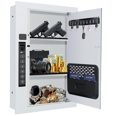 Wall Safe,Hidden Gun Safe Between Wall Studs with Battery Display&Type-C Port, with Document Organizer/Removable shelves/Key hook–Protect Valuables,Handgun, Jewelry, Documents,Cash (Digital Keypad)