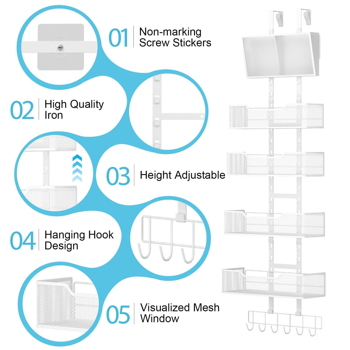 Hongtamoya Adjustable Over The Door Organizer, Hanging Door Storage with PVC Pocket and 4 Metal Baskets Wall Mount, Behind Door Rack for Bathroom Pantry Cabinet Bedroom Closet, White Hongtamoya
