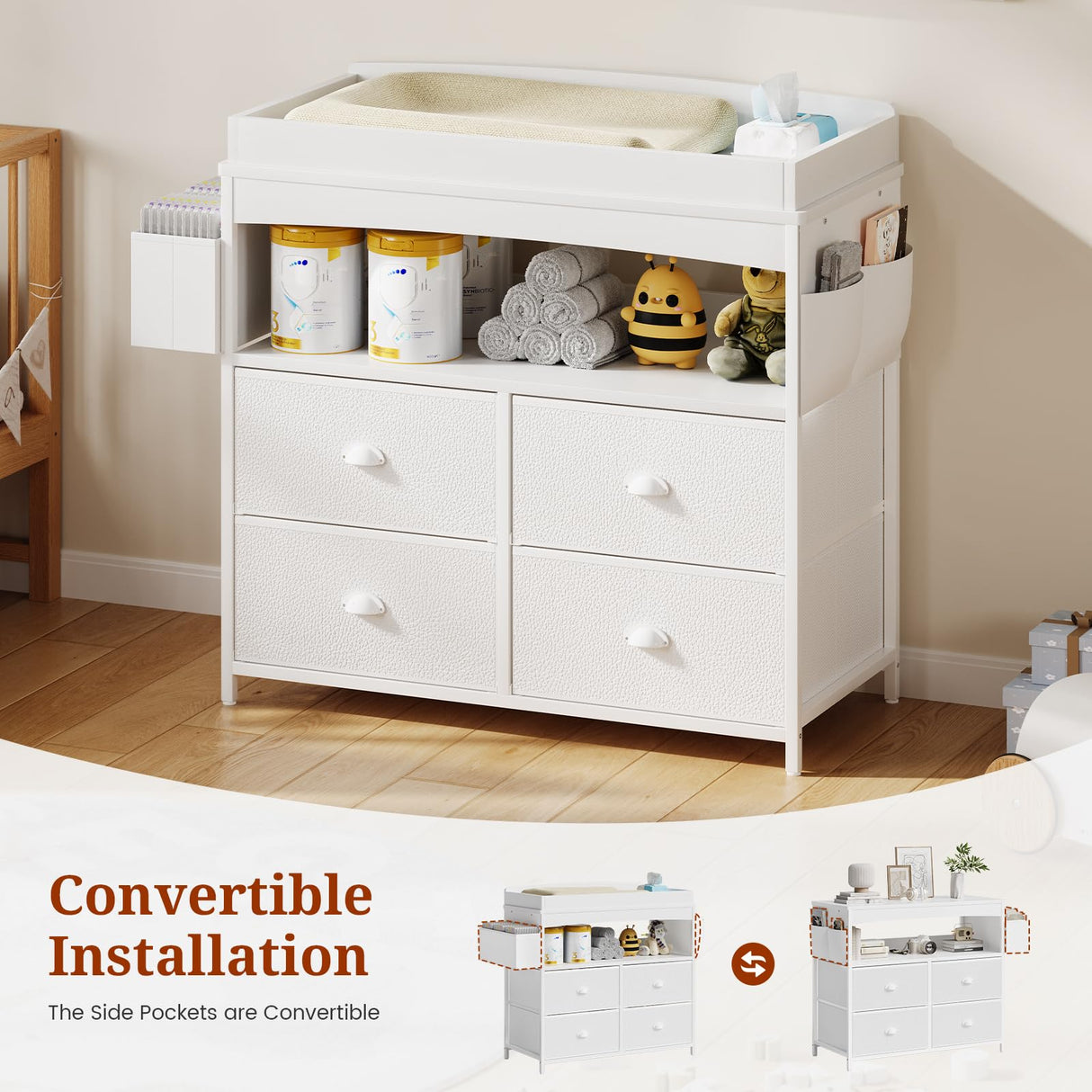 Weiplehoom Baby Changing Table with Storage, Changing Table Dresser, Diaper Changer Crib Sleeper Fabric Drawers, Storage Dividers, Diapers Bags for Nursery Modern (4 Drawers/White) Weiplehoom