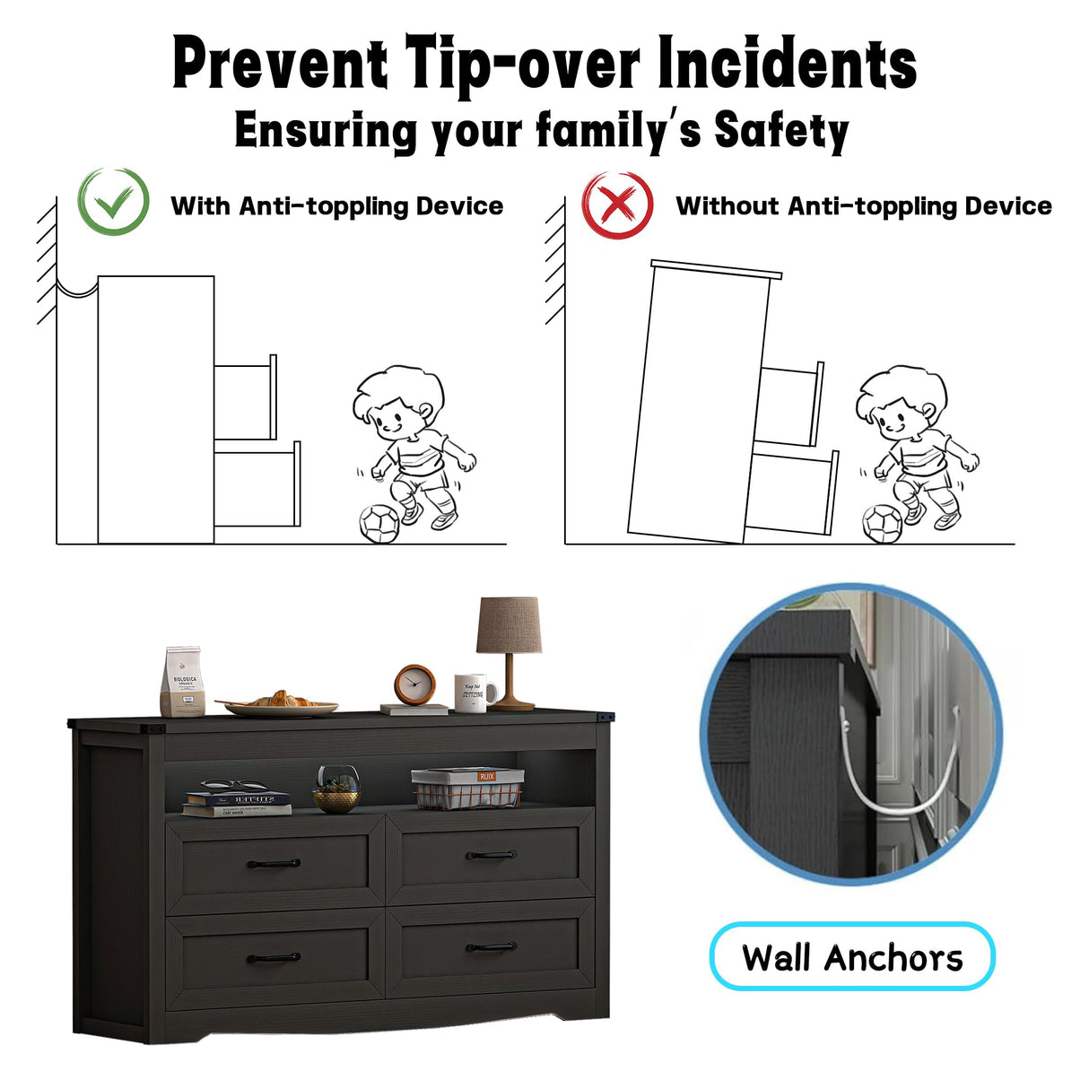 Boonatu Black Dresser for Bedroom with 4 Drawers, Black Dressers & Chests of Drawers Modern Wood Wide Storage Drawers Dressers Organizer with LED Lights for Closet, Hallway Boonatu