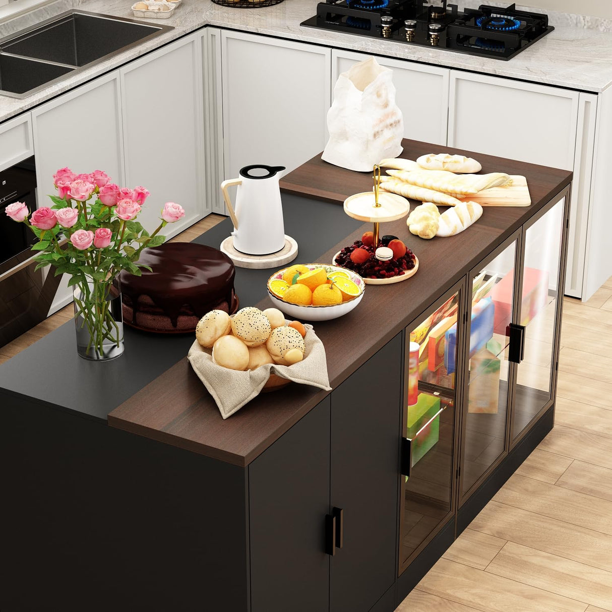 TAMUNE 77” Kitchen Island with Glass Doors and Light, Large Kitchen Storage Island with Drawers and Shelves, for Home Bar Black and Brown 30.3”D x 77.6”W x 36.6”H TAMUNE
