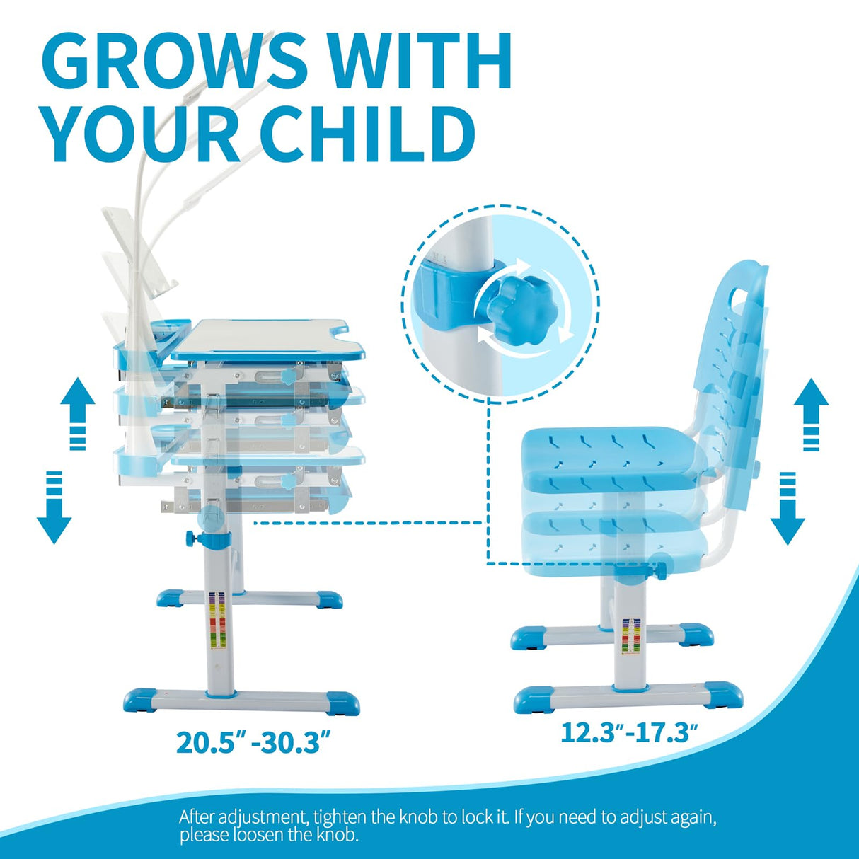 Diroan Kids Functional Desk and Chair Set, Ergonomic Height Adjustable Children School Study Desk with Tilt Desktop, Book Stand, LED Light, Metal Hook and Storage Drawer for Boys Girls(Blue) Diroan