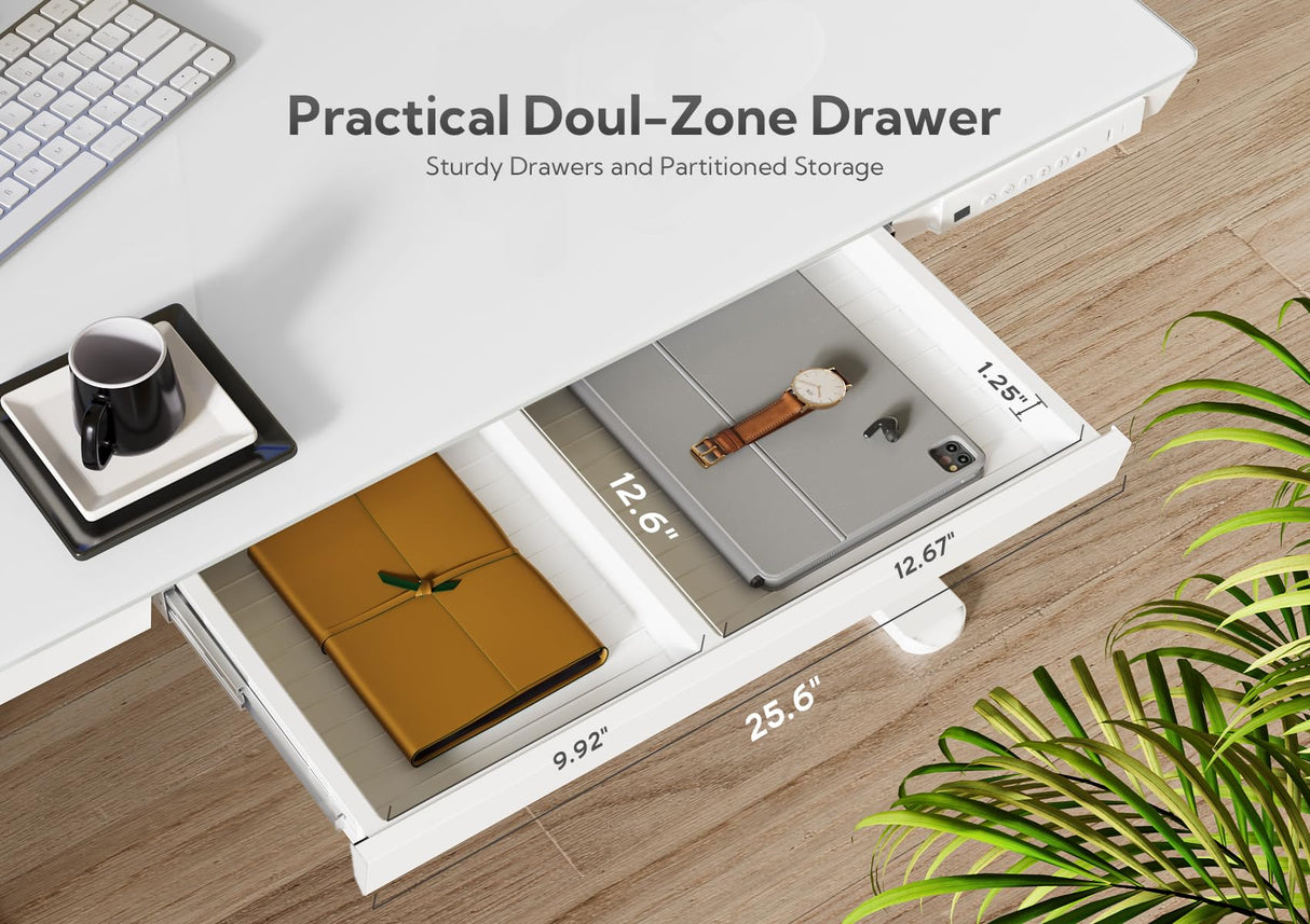 Claiks Glass Standing Desk with Drawers, 55 Inch Adjustable Stand Up Desk, Quick Install Home Office Computer Desk with USB Ports, White Claiks