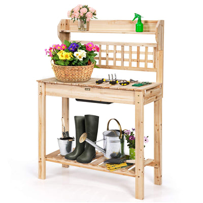 OFFICEJOY Potting Bench, Outdoor Garden Table with Sliding Tabletop, Removable Sink, Storage Shelves, Planter Potting Station, Wooden Workstation Table for Garden, Backyard, Patio, Balcony