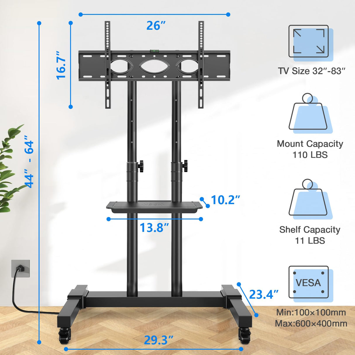 Rfiver Upgraded Rolling TV Stand with Power Outlet for 32-83 Inch TVs, Heavy Duty Mobile TV Cart on Wheel up to 110 lbs, Height Adjustable Portable TV Stand with Shelf for Bedroom, Living Room, Office Rfiver