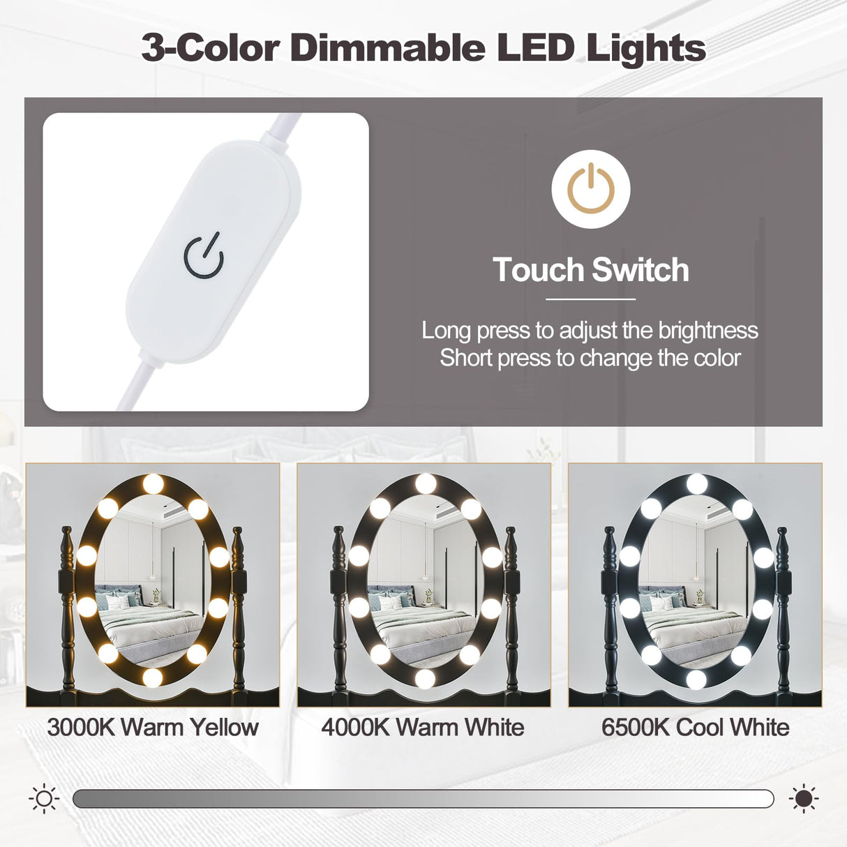 CHARMAID Girls Vanity Table with Lighted Mirror and Stool, 10 Dimmable LED Lights, 3 Color Lighting Modes, 4 Drawers, Rose-Shaped Handle, Bedroom Dressing Makeup Vanity Desk Set (Black) CHARMAID