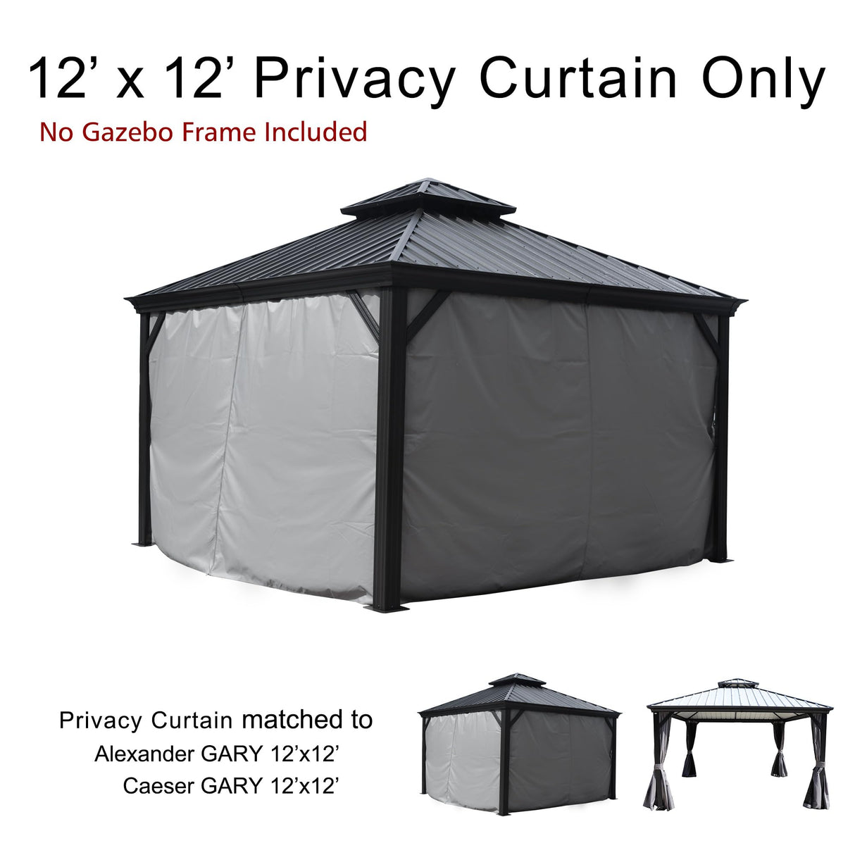 Kozyard Gazebo Privacy Curtain Outdoor Waterproof Sidewall for Hardtop Gazebo, OEM Replacement for Patio Gazebo Curtains for Alexander, Caesar, Rosana and Apollo Model (12ft x 12ft, Gray) Kozyard